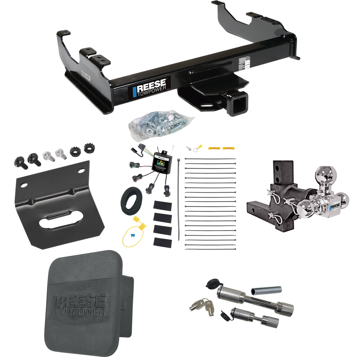 Fits 2007-2023 GMC Sierra 3500 HD Trailer Hitch Tow PKG w/ 4-Flat Zero Contact "No Splice" Wiring Harness + Adjustable Drop Rise Triple Ball Ball Mount 1-7/8" & 2" & 2-5/16" Trailer Balls + Dual Hitch & Coupler Locks + Hitch Cover + Wiring Bracket (F