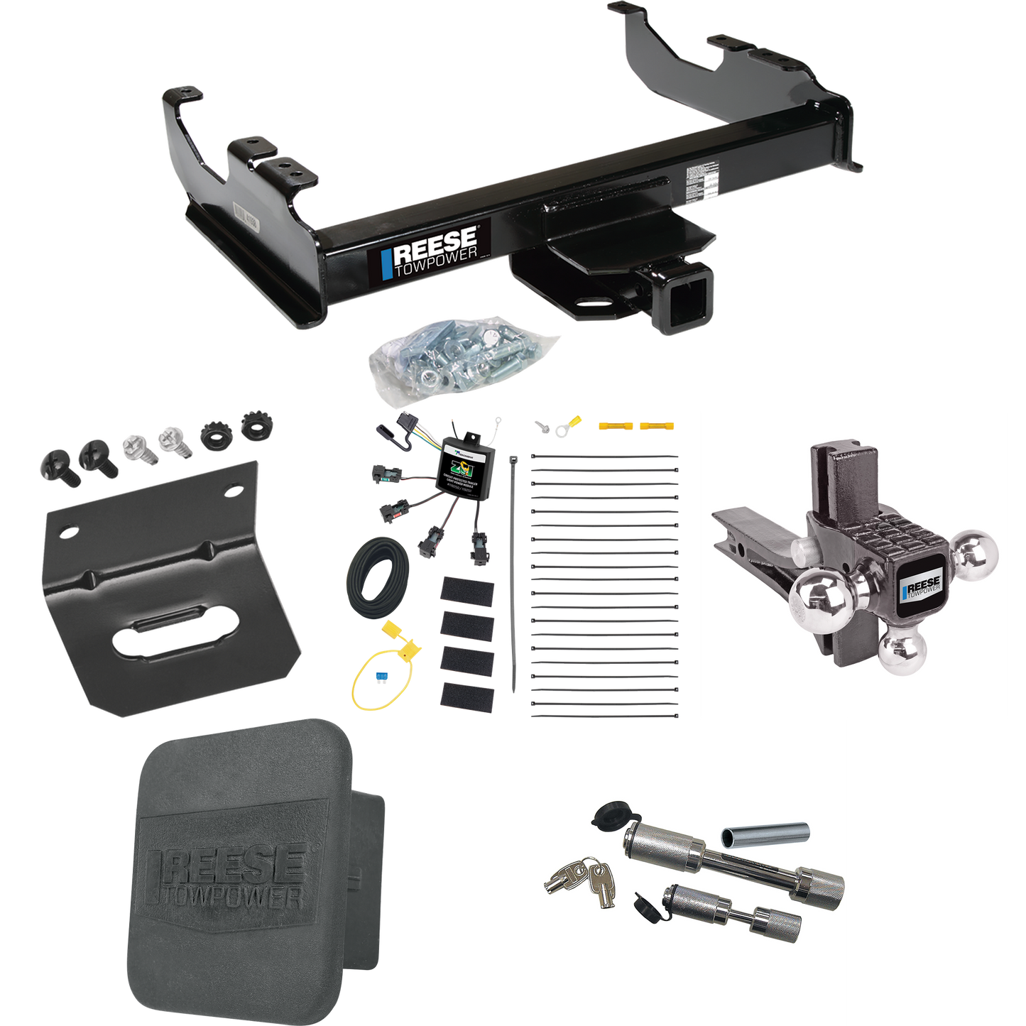 Fits 2007-2023 GMC Sierra 3500 HD Trailer Hitch Tow PKG w/ 4-Flat Zero Contact "No Splice" Wiring Harness + Adjustable Drop Rise Triple Ball Ball Mount 1-7/8" & 2" & 2-5/16" Trailer Balls + Dual Hitch & Coupler Locks + Hitch Cover + Wiring Bracket (F