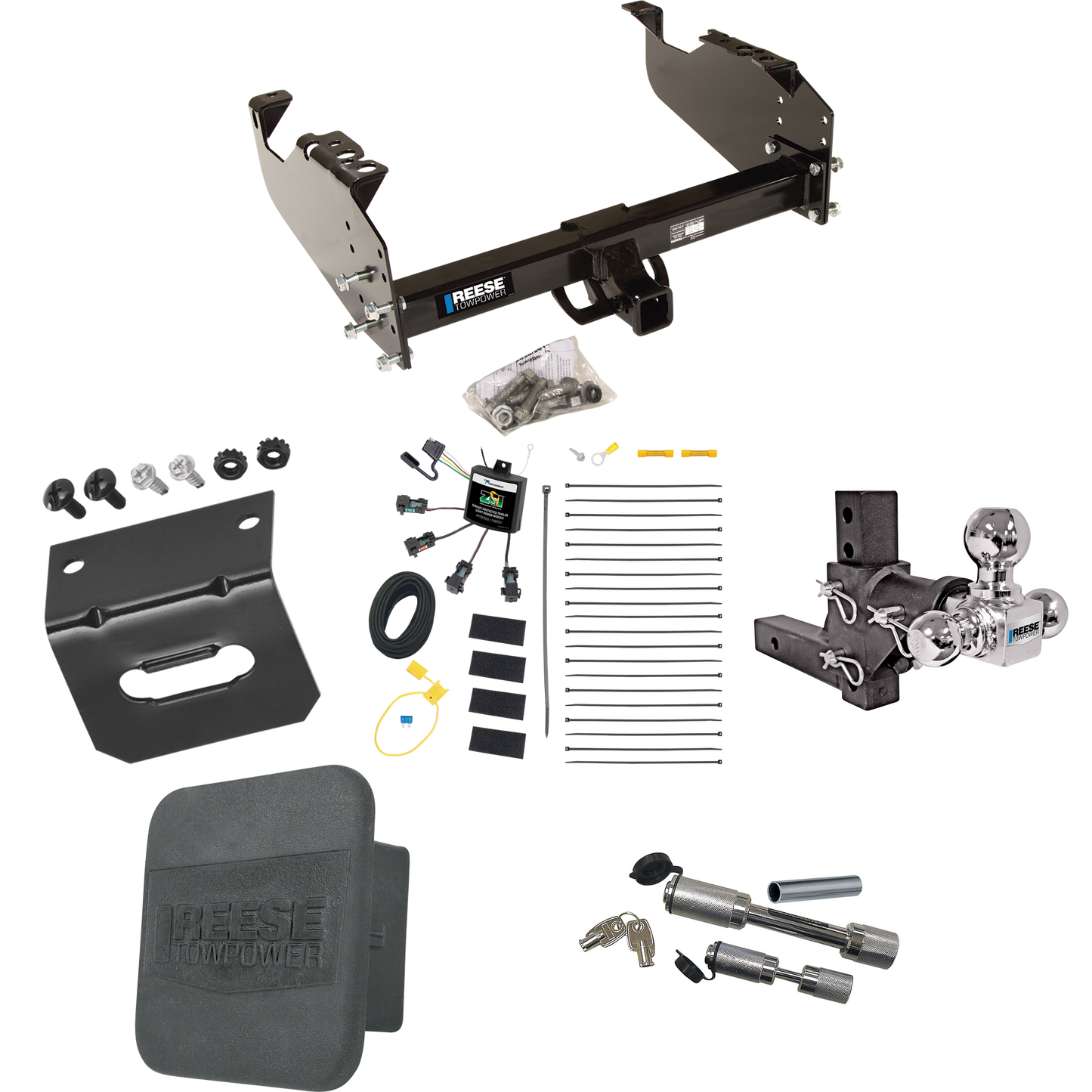 Fits 2007-2023 GMC Sierra 3500 HD Trailer Hitch Tow PKG w/ 4-Flat Zero Contact "No Splice" Wiring Harness + Adjustable Drop Rise Triple Ball Ball Mount 1-7/8" & 2" & 2-5/16" Trailer Balls + Dual Hitch & Coupler Locks + Hitch Cover + Wiring Bracket (F