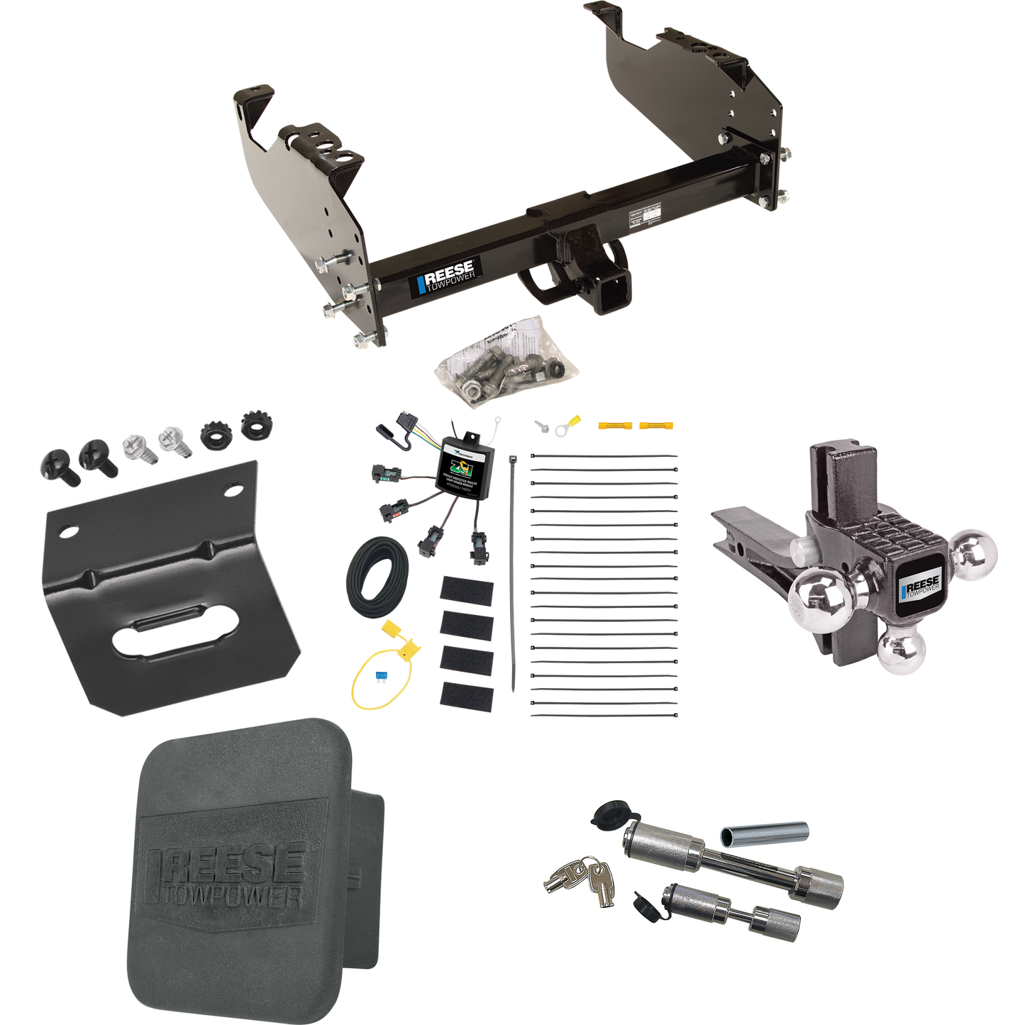 Fits 2007-2023 GMC Sierra 3500 HD Trailer Hitch Tow PKG w/ 4-Flat Zero Contact "No Splice" Wiring Harness + Adjustable Drop Rise Triple Ball Ball Mount 1-7/8" & 2" & 2-5/16" Trailer Balls + Dual Hitch & Coupler Locks + Hitch Cover + Wiring Bracket (F