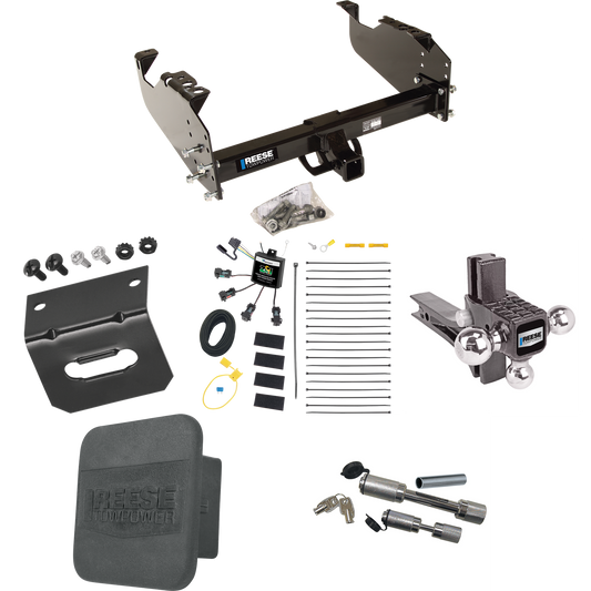 Fits 2007-2023 GMC Sierra 3500 HD Trailer Hitch Tow PKG w/ 4-Flat Zero Contact "No Splice" Wiring Harness + Adjustable Drop Rise Triple Ball Ball Mount 1-7/8" & 2" & 2-5/16" Trailer Balls + Dual Hitch & Coupler Locks + Hitch Cover + Wiring Bracket (F