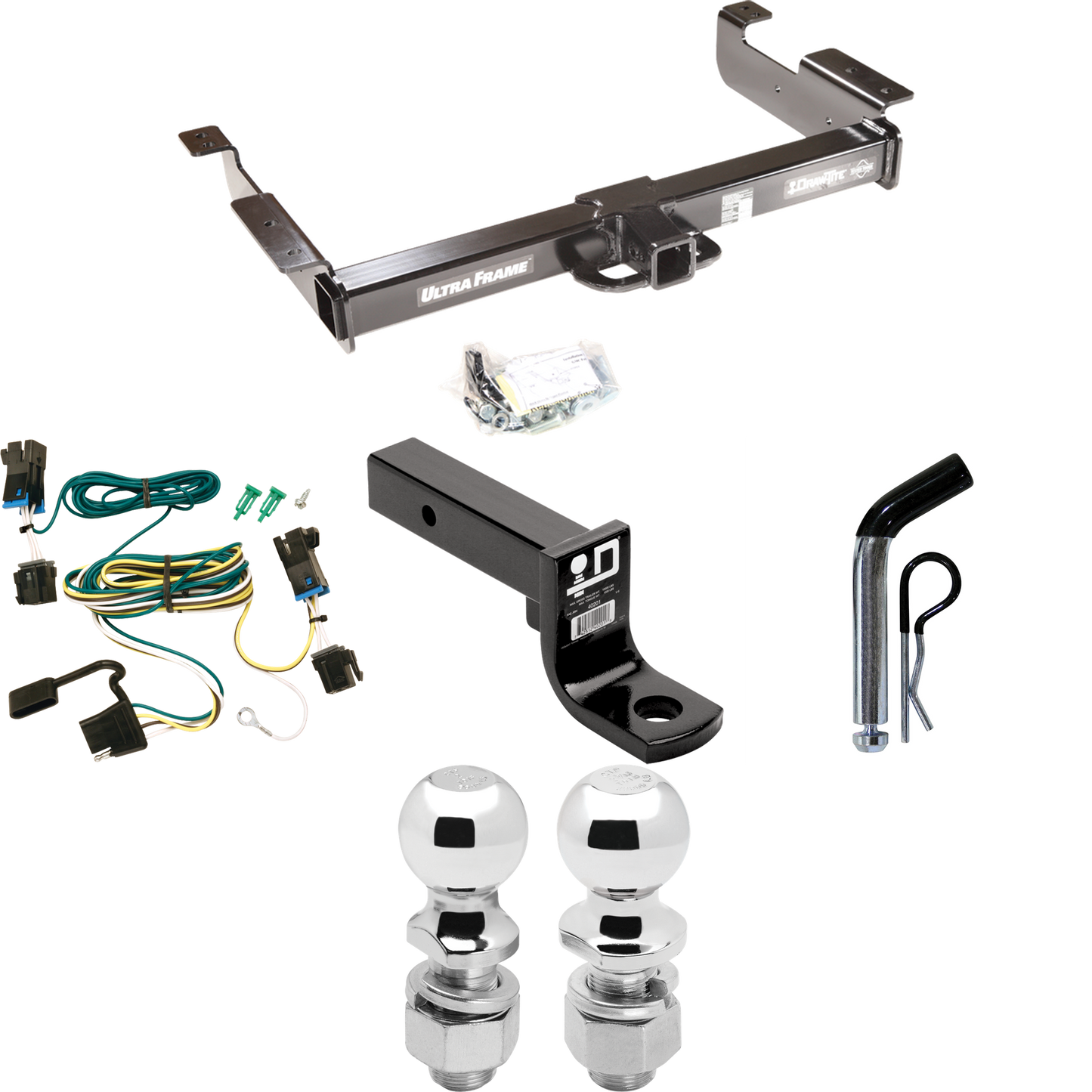 Fits 2003-2023 GMC Savana 2500 Trailer Hitch Tow PKG w/ 4-Flat Wiring Harness + Ball Mount w/ 4" Drop + Pin/Clip + 2" Ball + 2-5/16" Ball By Draw-Tite