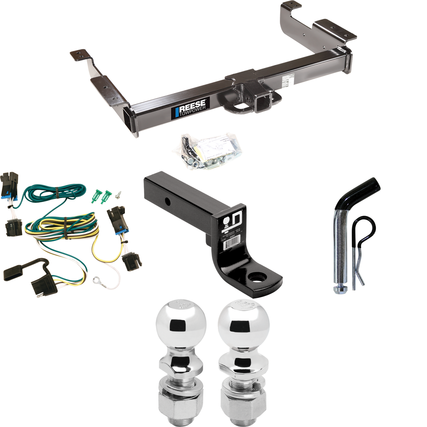 Fits 2003-2023 GMC Savana 2500 Trailer Hitch Tow PKG w/ 4-Flat Wiring Harness + Ball Mount w/ 4" Drop + Pin/Clip + 2" Ball + 2-5/16" Ball By Reese Towpower