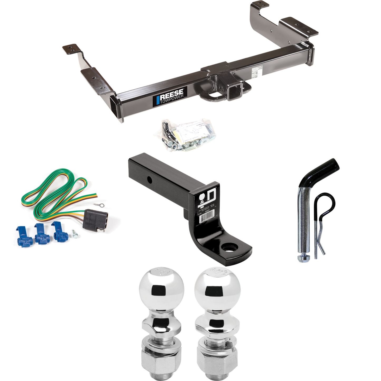 Se adapta al paquete de remolque con enganche para remolque GMC Savana 2500 1996-1999 con arnés de cableado de 4 planos + soporte de bola con caída de 4" + pasador/clip + bola de 2" + bola de 2-5/16" de Reese Towpower