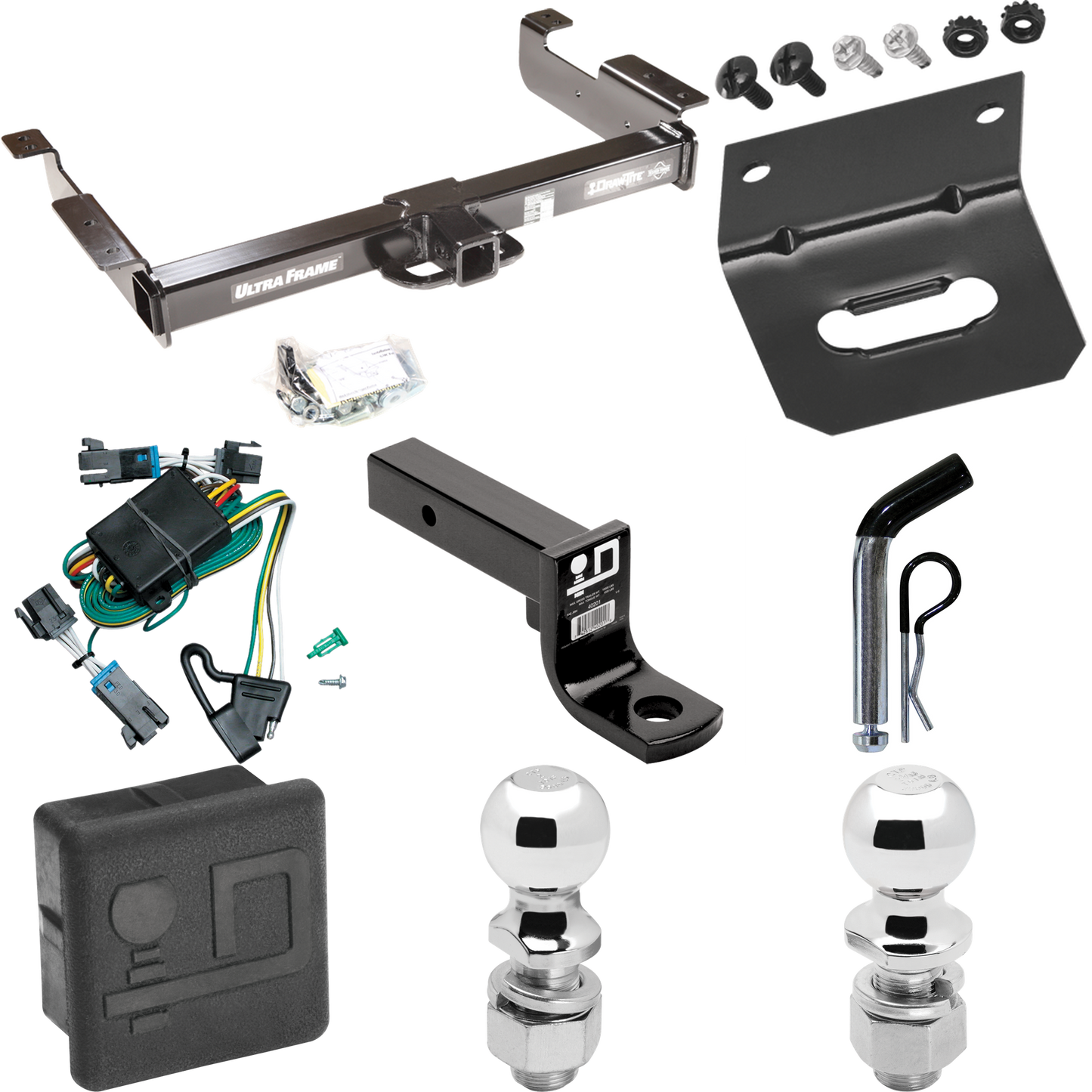 Fits 2000-2002 Chevrolet Express 2500 Trailer Hitch Tow PKG w/ 4-Flat Wiring Harness + Ball Mount w/ 4" Drop + Pin/Clip + 2" Ball + 2-5/16" Ball + Hitch Cover + Wiring Bracket By Draw-Tite