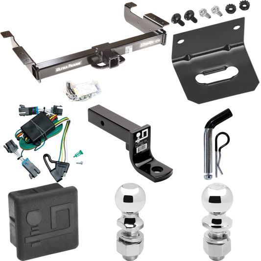 Fits 2000-2002 Chevrolet Express 2500 Trailer Hitch Tow PKG w/ 4-Flat Wiring Harness + Ball Mount w/ 4" Drop + Pin/Clip + 2" Ball + 2-5/16" Ball + Hitch Cover + Wiring Bracket By Draw-Tite