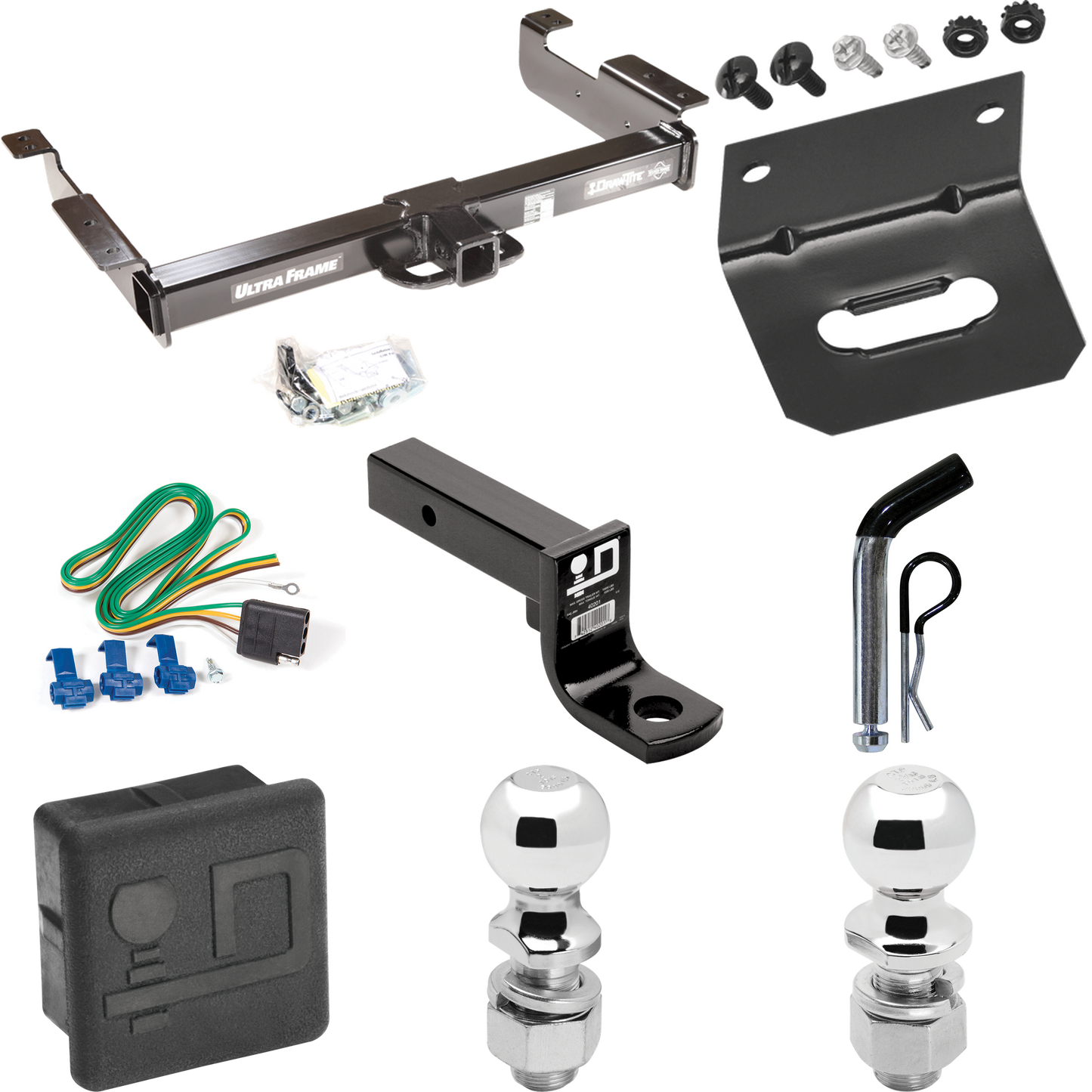 Fits 1996-1999 GMC Savana 2500 Trailer Hitch Tow PKG w/ 4-Flat Wiring Harness + Ball Mount w/ 4" Drop + Pin/Clip + 2" Ball + 2-5/16" Ball + Hitch Cover + Wiring Bracket By Draw-Tite