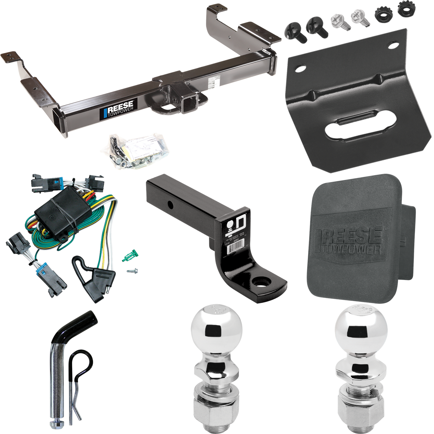 Fits 2000-2002 GMC Savana 2500 Trailer Hitch Tow PKG w/ 4-Flat Wiring Harness + Ball Mount w/ 4" Drop + Pin/Clip + 2" Ball + 2-5/16" Ball + Hitch Cover + Wiring Bracket By Reese Towpower