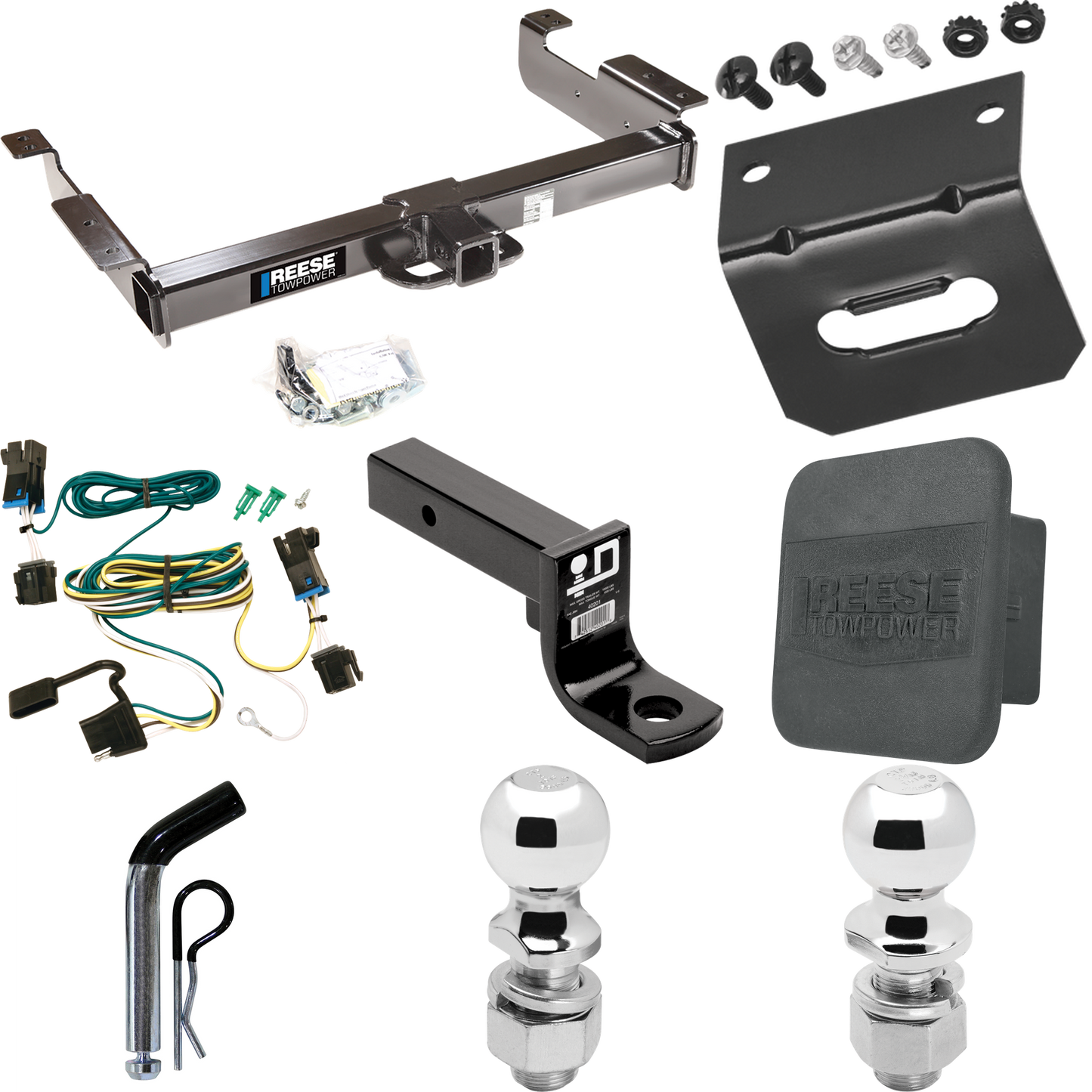 Fits 2003-2014 Chevrolet Express 1500 Trailer Hitch Tow PKG w/ 4-Flat Wiring Harness + Ball Mount w/ 4" Drop + Pin/Clip + 2" Ball + 2-5/16" Ball + Hitch Cover + Wiring Bracket By Reese Towpower