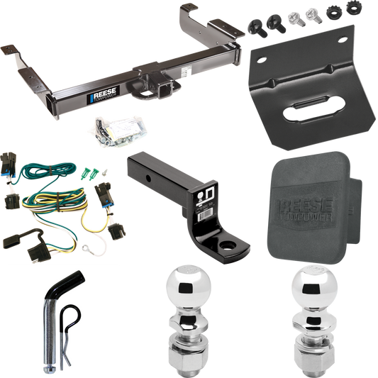 Fits 2003-2014 Chevrolet Express 1500 Trailer Hitch Tow PKG w/ 4-Flat Wiring Harness + Ball Mount w/ 4" Drop + Pin/Clip + 2" Ball + 2-5/16" Ball + Hitch Cover + Wiring Bracket By Reese Towpower