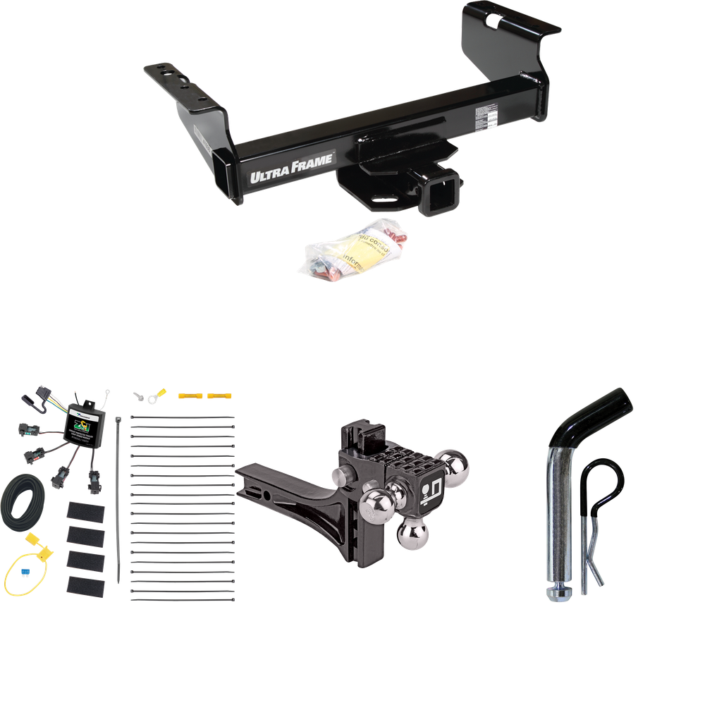 Fits 2007-2024 GMC Sierra 3500 HD Trailer Hitch Tow PKG w/ 4-Flat Zero Contact "No Splice" Wiring Harness + Adjustable Drop Rise Triple Ball Ball Mount 1-7/8" & 2" & 2-5/16" Trailer Balls + Pin/Clip (For Cab & Chassis, w/34" Wide Frames Models) By Dr