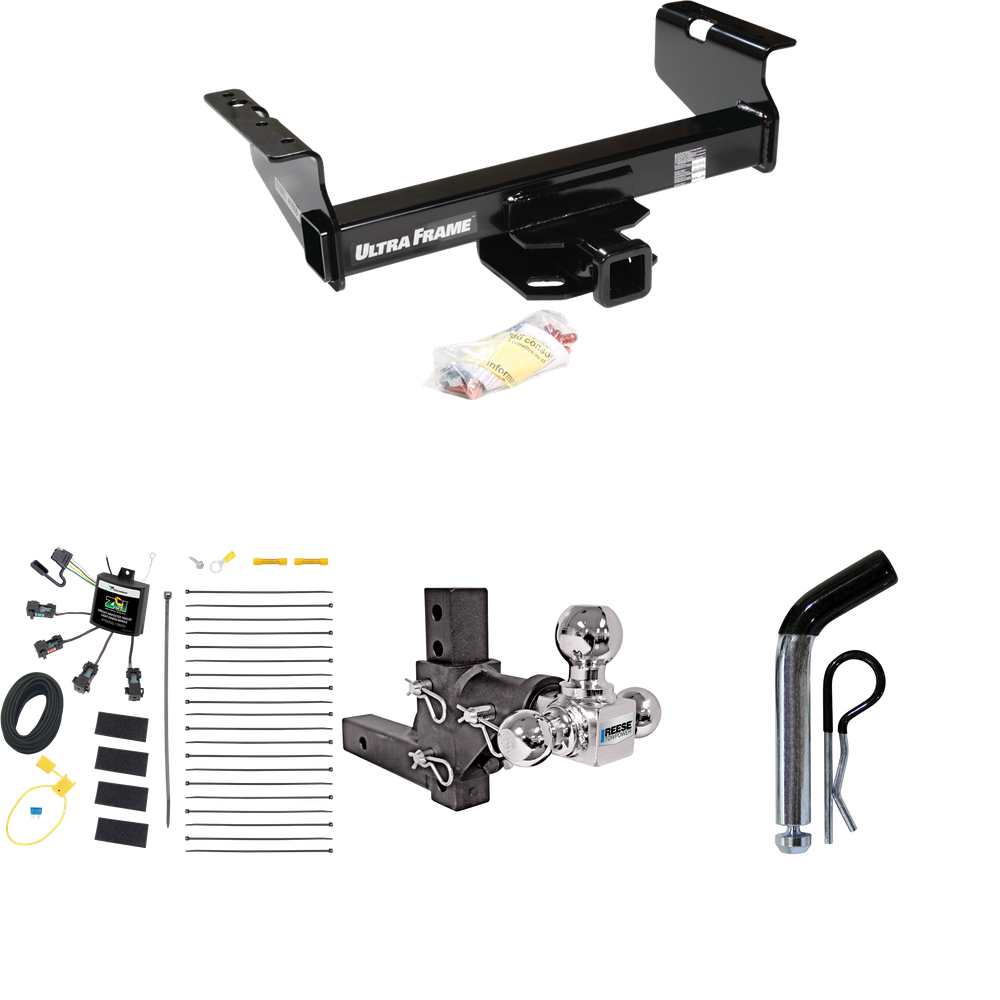 Fits 2007-2024 GMC Sierra 3500 HD Trailer Hitch Tow PKG w/ 4-Flat Zero Contact "No Splice" Wiring Harness + Adjustable Drop Rise Triple Ball Ball Mount 1-7/8" & 2" & 2-5/16" Trailer Balls + Pin/Clip (For Cab & Chassis, w/34" Wide Frames Models) By Dr