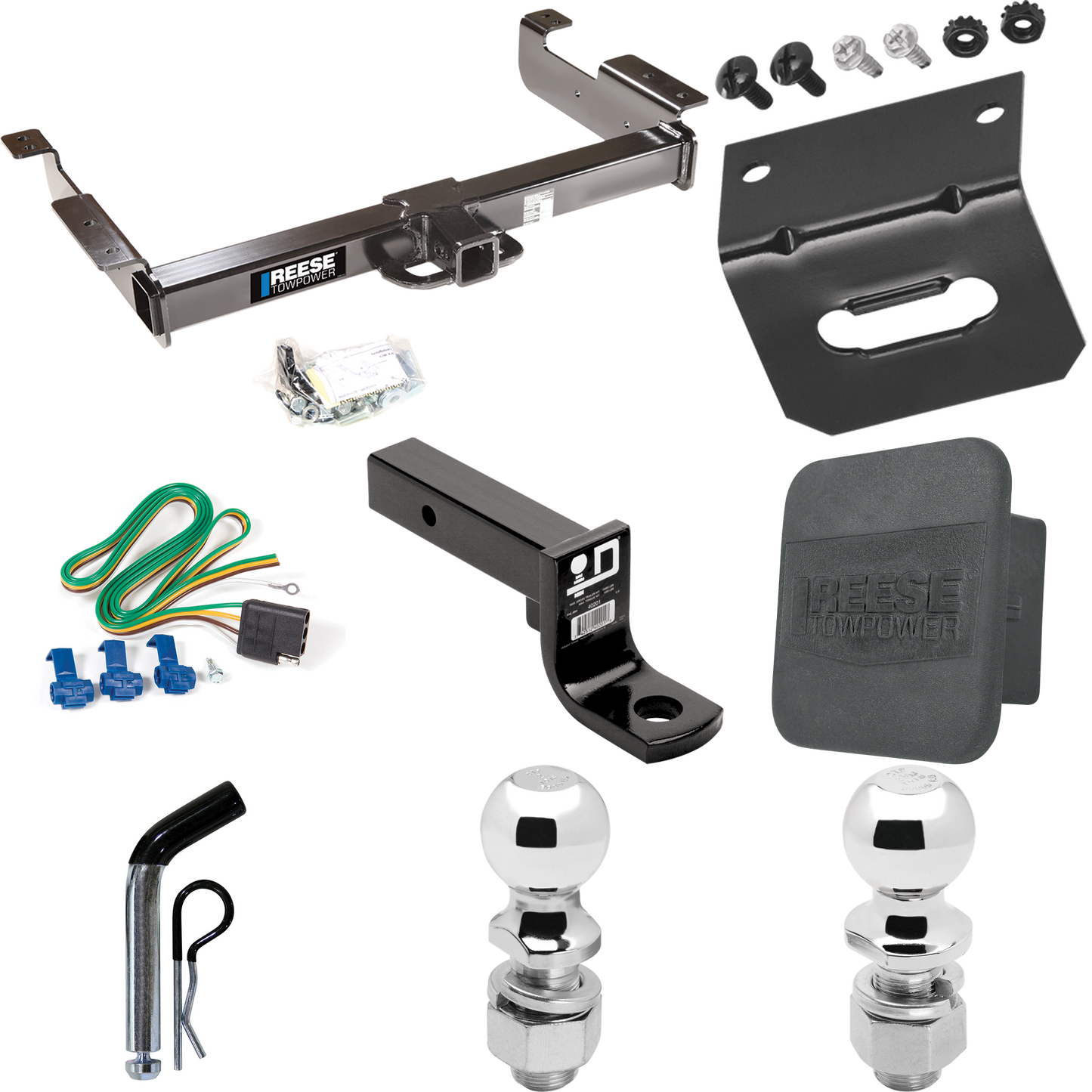 Fits 1996-1999 GMC Savana 2500 Trailer Hitch Tow PKG w/ 4-Flat Wiring Harness + Ball Mount w/ 4" Drop + Pin/Clip + 2" Ball + 2-5/16" Ball + Hitch Cover + Wiring Bracket By Reese Towpower