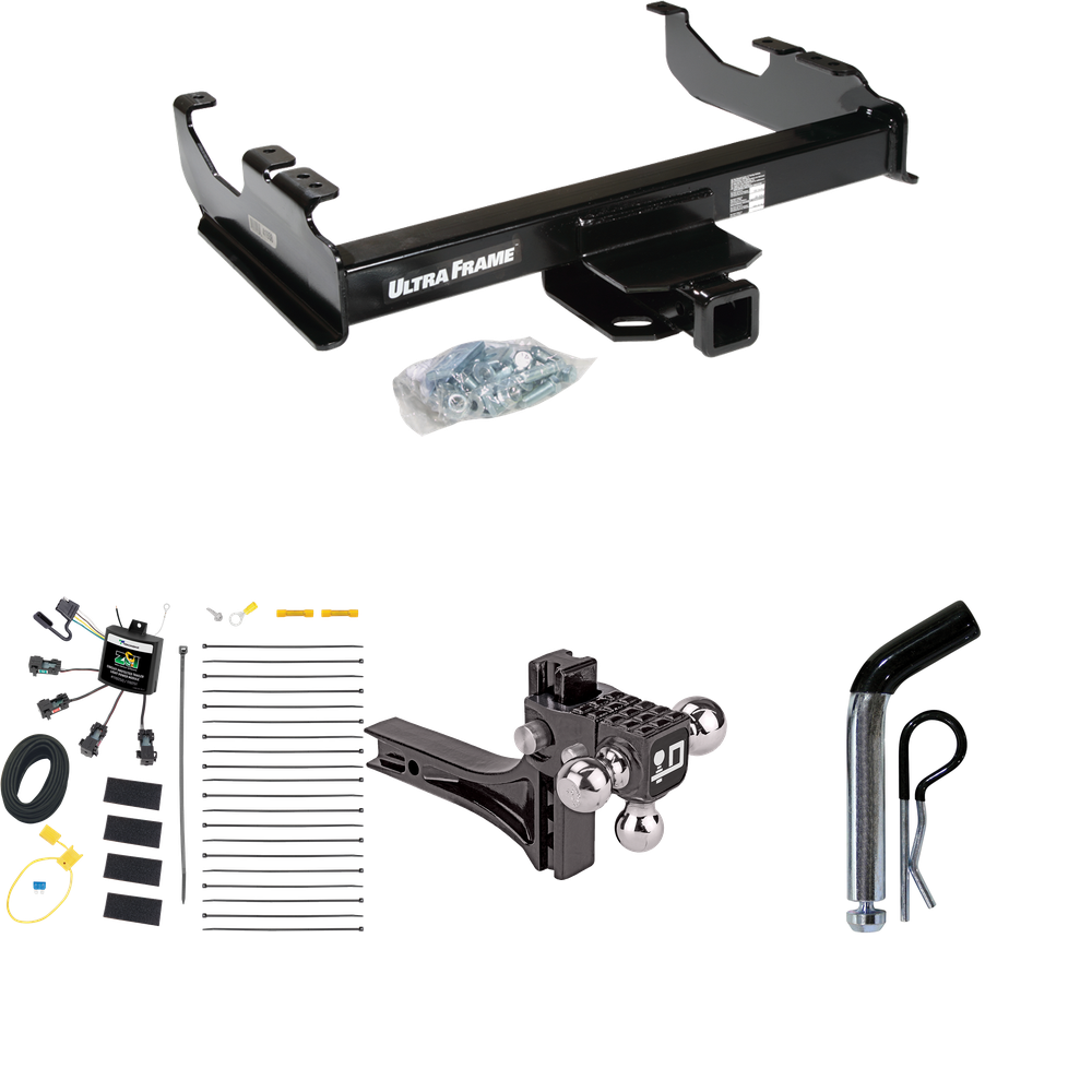 Fits 2007-2023 GMC Sierra 3500 HD Trailer Hitch Tow PKG w/ 4-Flat Zero Contact "No Splice" Wiring Harness + Adjustable Drop Rise Triple Ball Ball Mount 1-7/8" & 2" & 2-5/16" Trailer Balls + Pin/Clip (For Cab & Chassis, w/34" Wide Frames Models) By Dr