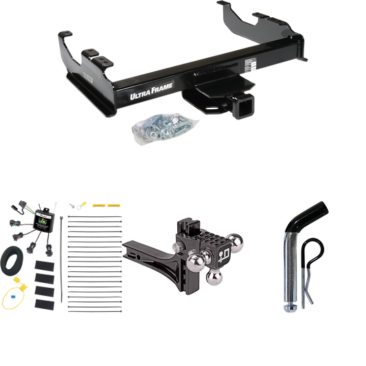 Fits 2007-2023 GMC Sierra 3500 HD Trailer Hitch Tow PKG w/ 4-Flat Zero Contact "No Splice" Wiring Harness + Adjustable Drop Rise Triple Ball Ball Mount 1-7/8" & 2" & 2-5/16" Trailer Balls + Pin/Clip (For Cab & Chassis, w/34" Wide Frames Models) By Dr