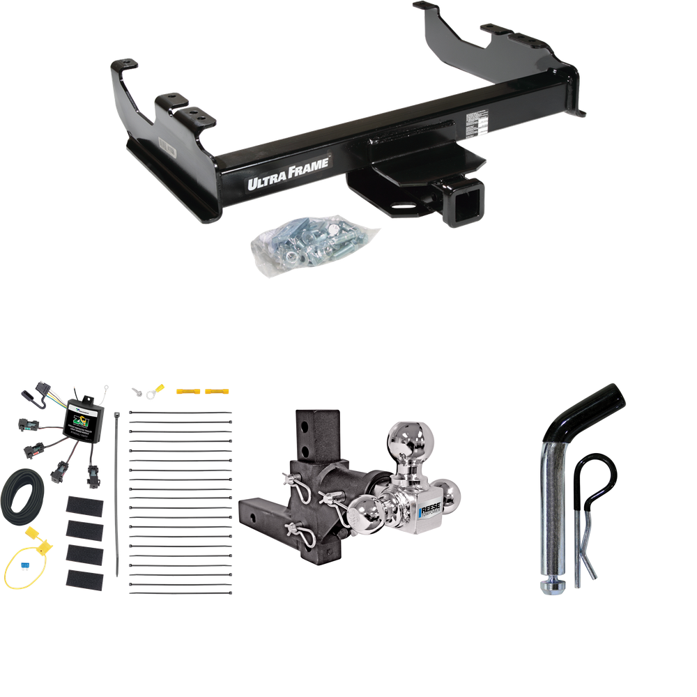 Fits 2007-2023 GMC Sierra 3500 HD Trailer Hitch Tow PKG w/ 4-Flat Zero Contact "No Splice" Wiring Harness + Adjustable Drop Rise Triple Ball Ball Mount 1-7/8" & 2" & 2-5/16" Trailer Balls + Pin/Clip (For Cab & Chassis, w/34" Wide Frames Models) By Dr