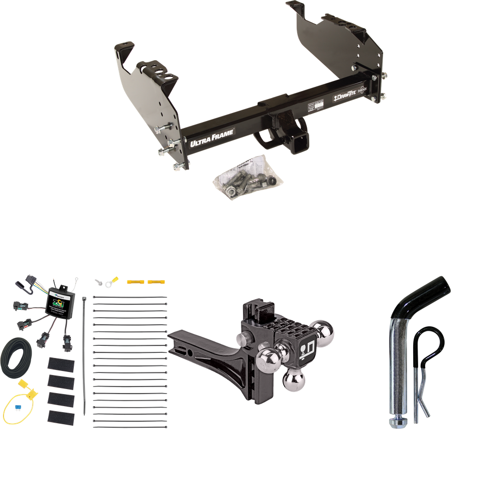 Fits 2007-2024 GMC Sierra 3500 HD Trailer Hitch Tow PKG w/ 4-Flat Zero Contact "No Splice" Wiring Harness + Adjustable Drop Rise Triple Ball Ball Mount 1-7/8" & 2" & 2-5/16" Trailer Balls + Pin/Clip (For Cab & Chassis, w/34" Wide Frames Models) By Dr