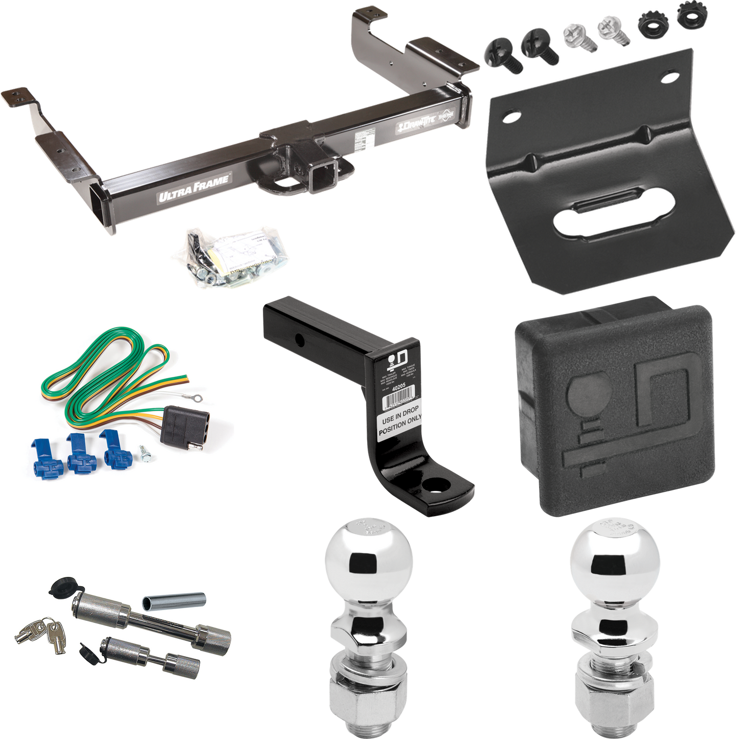 Fits 1996-1999 GMC Savana 2500 Trailer Hitch Tow PKG w/ 4-Flat Wiring Harness + Ball Mount w/ 6" Drop + Dual Hitch & Coupler Locks + 2" Ball + 2-5/16" Ball + Hitch Cover + Wiring Bracket By Draw-Tite