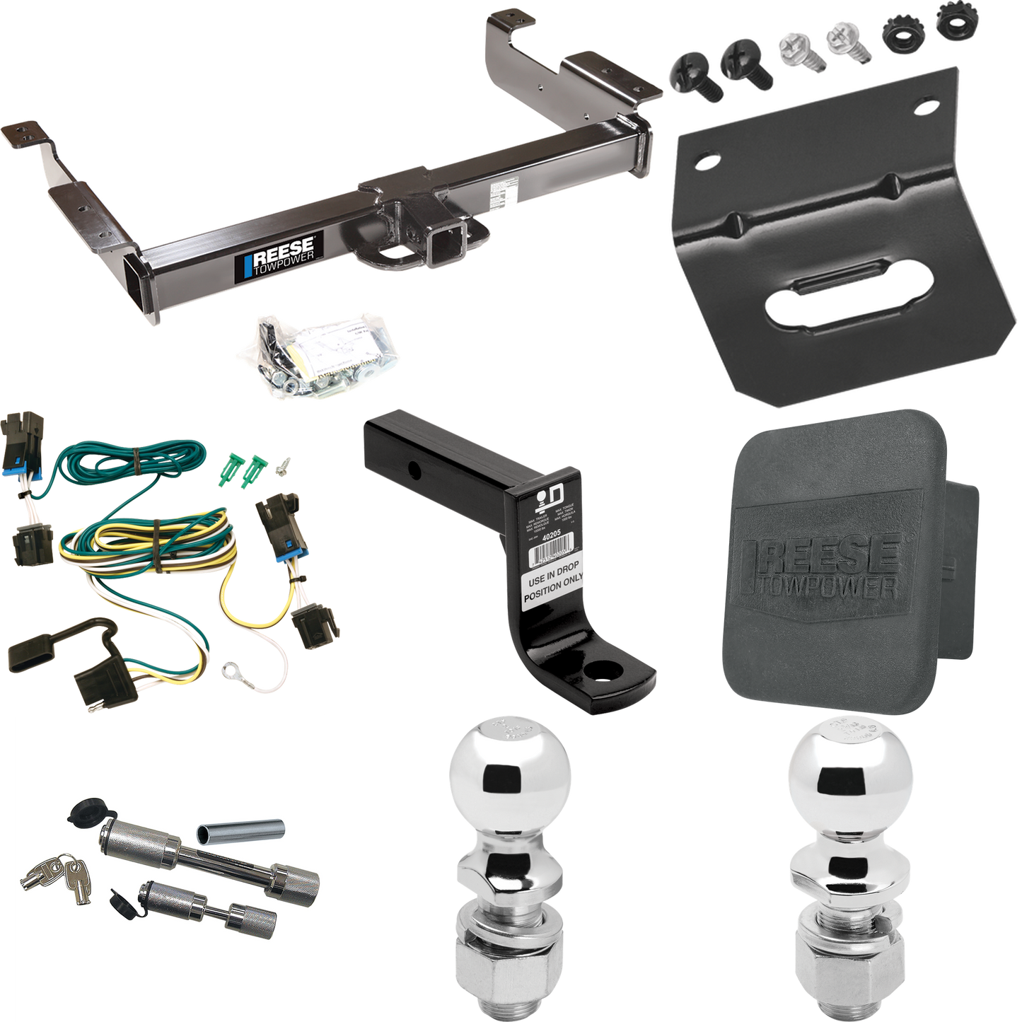 Fits 2003-2023 GMC Savana 2500 Trailer Hitch Tow PKG w/ 4-Flat Wiring Harness + Ball Mount w/ 6" Drop + Dual Hitch & Coupler Locks + 2" Ball + 2-5/16" Ball + Hitch Cover + Wiring Bracket By Reese Towpower