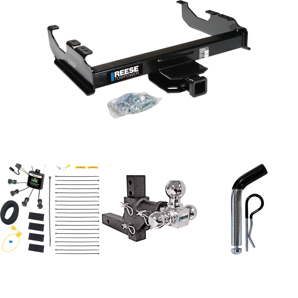 Fits 2007-2023 GMC Sierra 3500 HD Trailer Hitch Tow PKG w/ 4-Flat Zero Contact "No Splice" Wiring Harness + Adjustable Drop Rise Triple Ball Ball Mount 1-7/8" & 2" & 2-5/16" Trailer Balls + Pin/Clip (For Cab & Chassis, w/34" Wide Frames Models) By Re