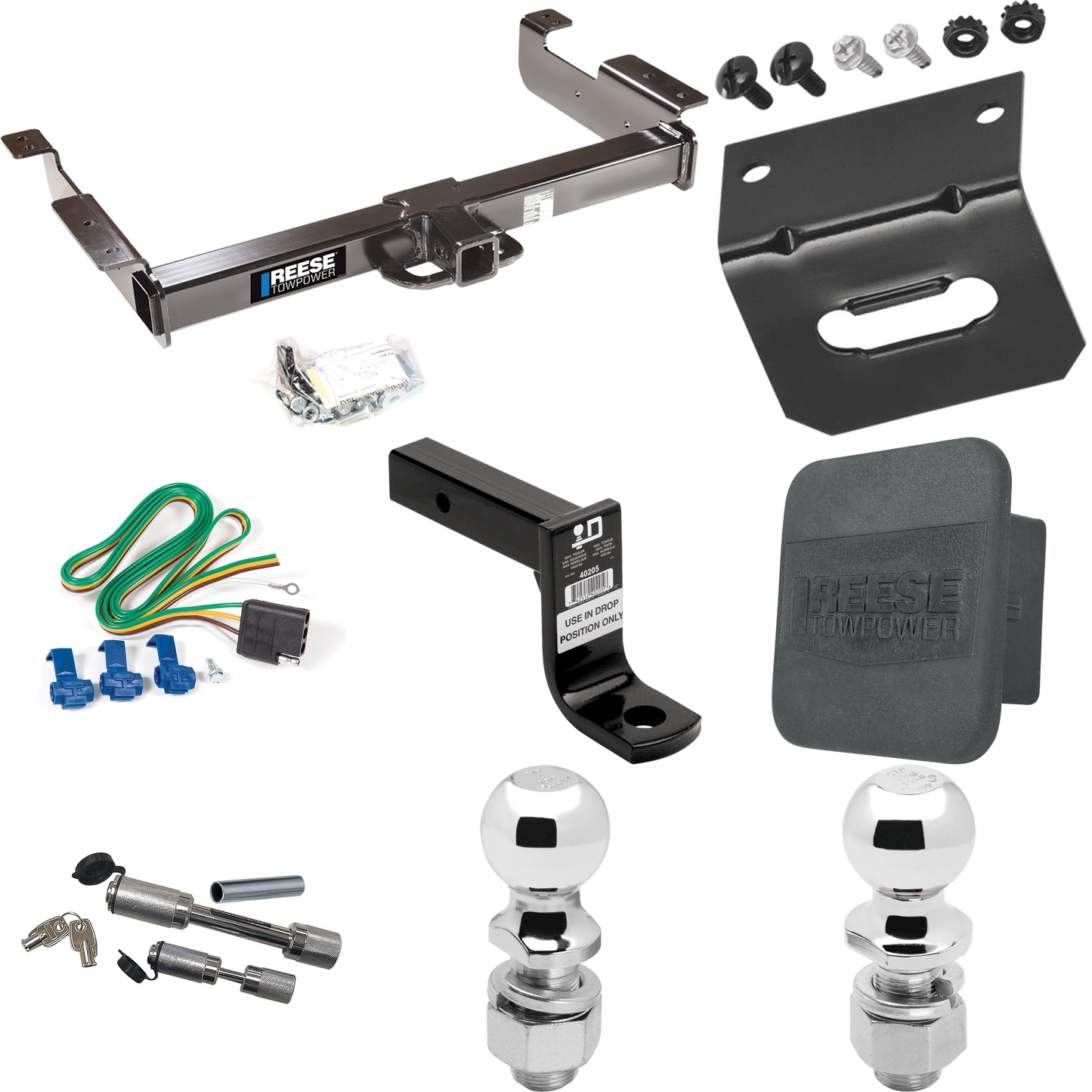 Fits 1996-1999 GMC Savana 2500 Trailer Hitch Tow PKG w/ 4-Flat Wiring Harness + Ball Mount w/ 6" Drop + Dual Hitch & Coupler Locks + 2" Ball + 2-5/16" Ball + Hitch Cover + Wiring Bracket By Reese Towpower