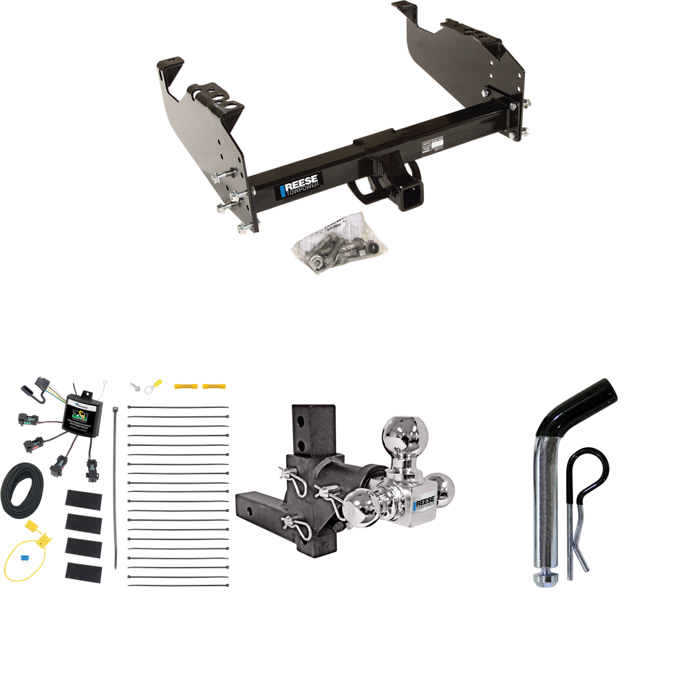 Fits 2007-2023 GMC Sierra 3500 HD Trailer Hitch Tow PKG w/ 4-Flat Zero Contact "No Splice" Wiring Harness + Adjustable Drop Rise Triple Ball Ball Mount 1-7/8" & 2" & 2-5/16" Trailer Balls + Pin/Clip (For Cab & Chassis, w/34" Wide Frames Models) By Re