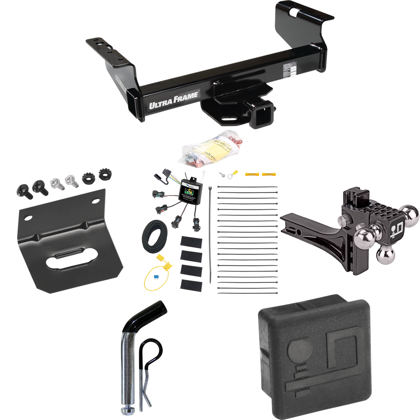 Fits 2007-2024 GMC Sierra 3500 HD Trailer Hitch Tow PKG w/ 4-Flat Zero Contact "No Splice" Wiring Harness + Adjustable Drop Rise Triple Ball Ball Mount 1-7/8" & 2" & 2-5/16" Trailer Balls + Pin/Clip + Hitch Cover + Wiring Bracket (For Cab & Chassis,