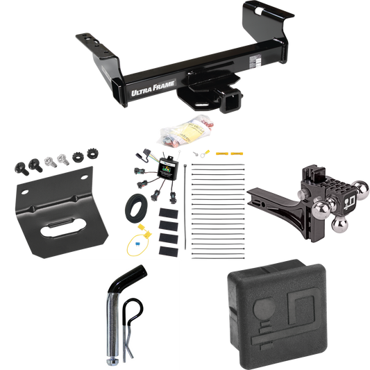 Fits 2007-2024 GMC Sierra 3500 HD Trailer Hitch Tow PKG w/ 4-Flat Zero Contact "No Splice" Wiring Harness + Adjustable Drop Rise Triple Ball Ball Mount 1-7/8" & 2" & 2-5/16" Trailer Balls + Pin/Clip + Hitch Cover + Wiring Bracket (For Cab & Chassis,