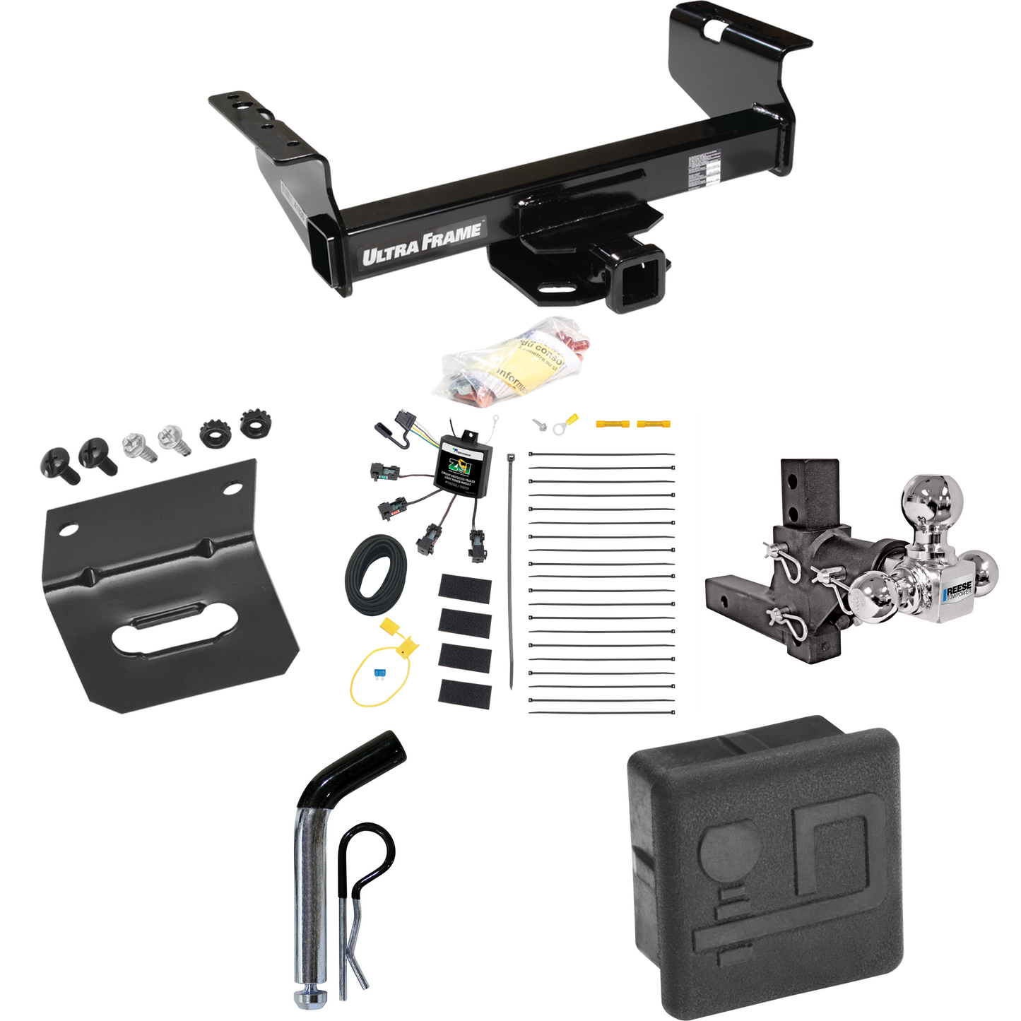 Fits 2007-2024 GMC Sierra 3500 HD Trailer Hitch Tow PKG w/ 4-Flat Zero Contact "No Splice" Wiring Harness + Adjustable Drop Rise Triple Ball Ball Mount 1-7/8" & 2" & 2-5/16" Trailer Balls + Pin/Clip + Hitch Cover + Wiring Bracket (For Cab & Chassis,