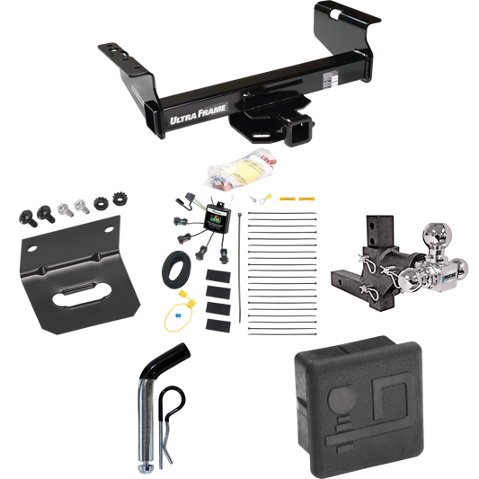 Fits 2007-2024 GMC Sierra 3500 HD Trailer Hitch Tow PKG w/ 4-Flat Zero Contact "No Splice" Wiring Harness + Adjustable Drop Rise Triple Ball Ball Mount 1-7/8" & 2" & 2-5/16" Trailer Balls + Pin/Clip + Hitch Cover + Wiring Bracket (For Cab & Chassis,