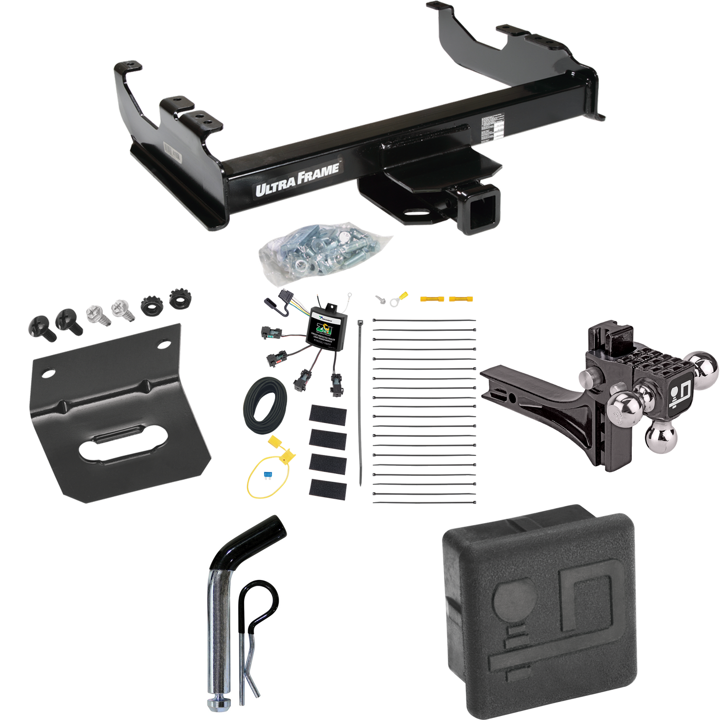 Fits 2007-2023 GMC Sierra 3500 HD Trailer Hitch Tow PKG w/ 4-Flat Zero Contact "No Splice" Wiring Harness + Adjustable Drop Rise Triple Ball Ball Mount 1-7/8" & 2" & 2-5/16" Trailer Balls + Pin/Clip + Hitch Cover + Wiring Bracket (For Cab & Chassis,