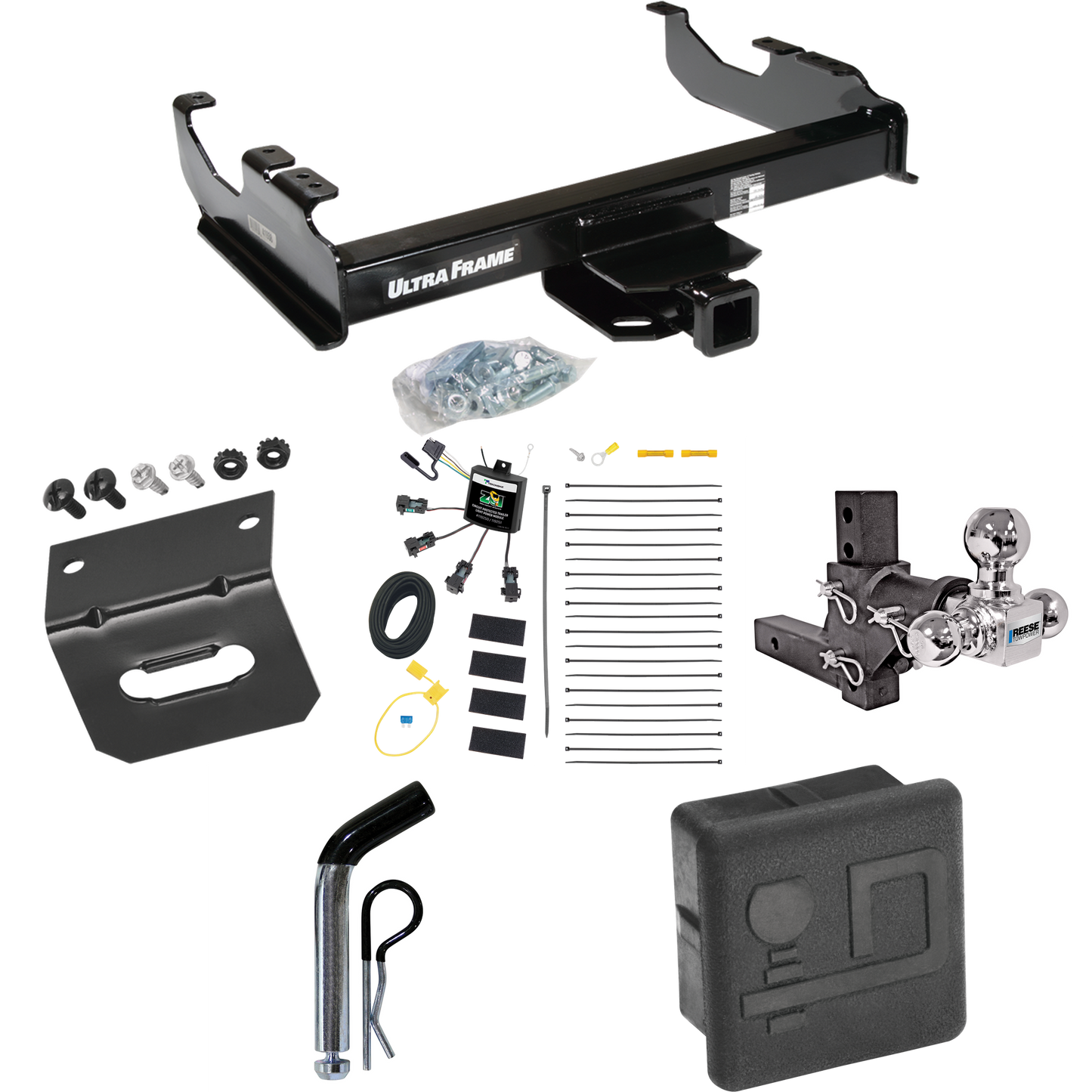 Fits 2007-2023 GMC Sierra 3500 HD Trailer Hitch Tow PKG w/ 4-Flat Zero Contact "No Splice" Wiring Harness + Adjustable Drop Rise Triple Ball Ball Mount 1-7/8" & 2" & 2-5/16" Trailer Balls + Pin/Clip + Hitch Cover + Wiring Bracket (For Cab & Chassis,