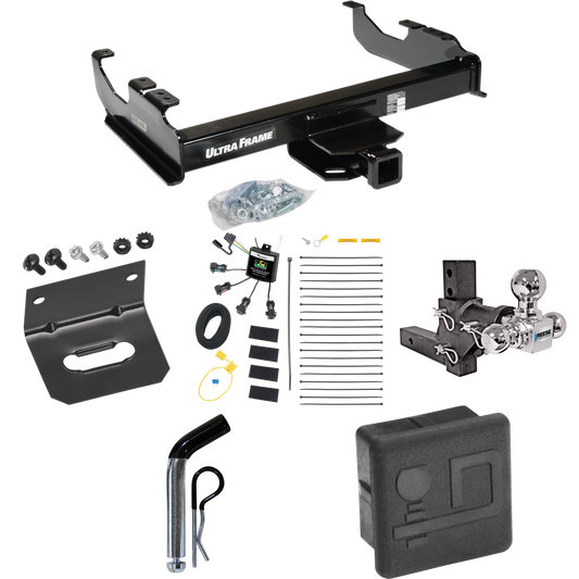 Fits 2007-2023 GMC Sierra 3500 HD Trailer Hitch Tow PKG w/ 4-Flat Zero Contact "No Splice" Wiring Harness + Adjustable Drop Rise Triple Ball Ball Mount 1-7/8" & 2" & 2-5/16" Trailer Balls + Pin/Clip + Hitch Cover + Wiring Bracket (For Cab & Chassis,