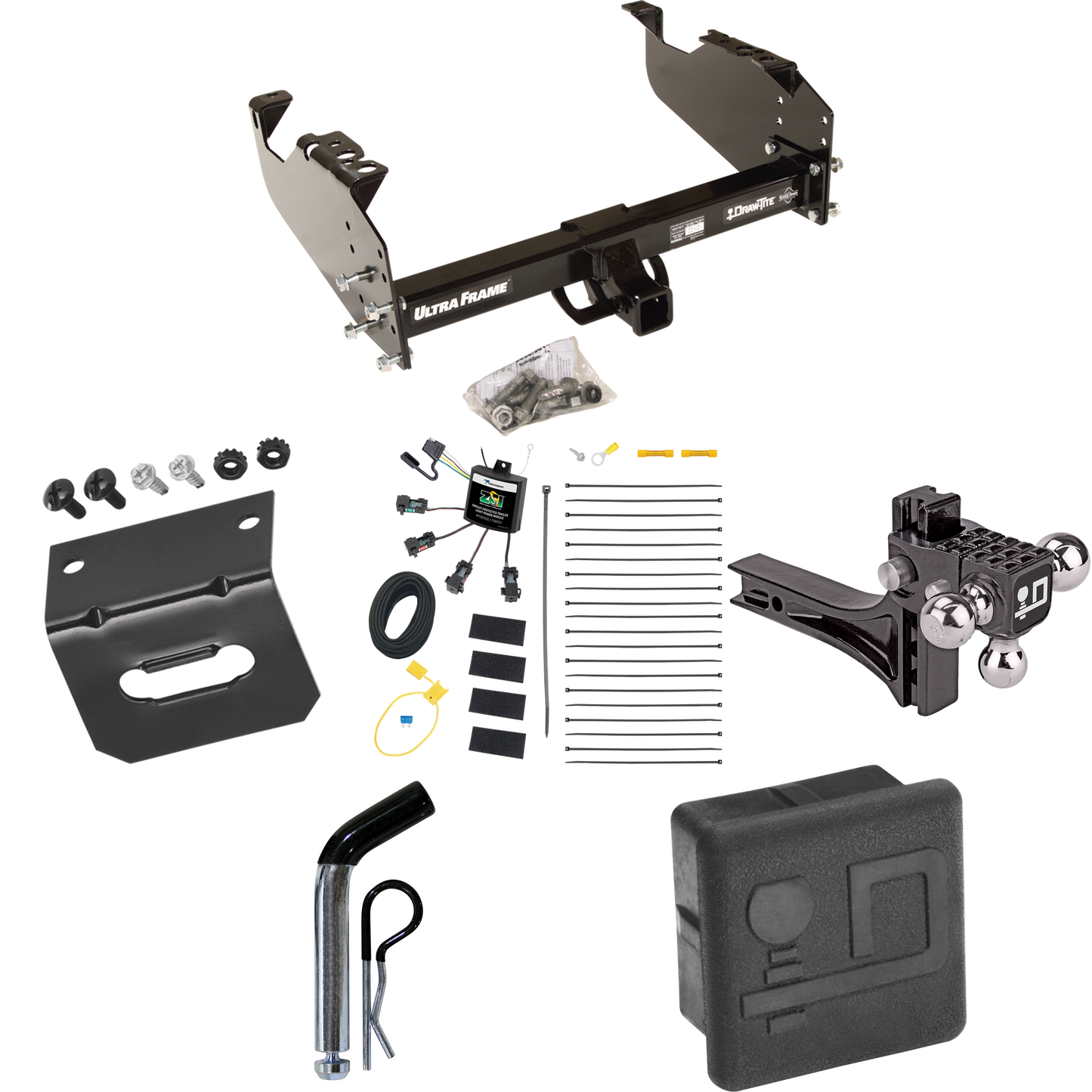 Fits 2007-2024 GMC Sierra 3500 HD Trailer Hitch Tow PKG w/ 4-Flat Zero Contact "No Splice" Wiring Harness + Adjustable Drop Rise Triple Ball Ball Mount 1-7/8" & 2" & 2-5/16" Trailer Balls + Pin/Clip + Hitch Cover + Wiring Bracket (For Cab & Chassis,