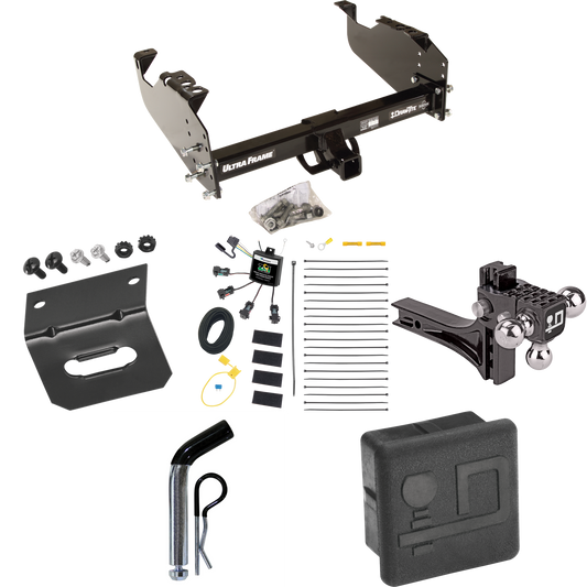 Fits 2007-2024 GMC Sierra 3500 HD Trailer Hitch Tow PKG w/ 4-Flat Zero Contact "No Splice" Wiring Harness + Adjustable Drop Rise Triple Ball Ball Mount 1-7/8" & 2" & 2-5/16" Trailer Balls + Pin/Clip + Hitch Cover + Wiring Bracket (For Cab & Chassis,