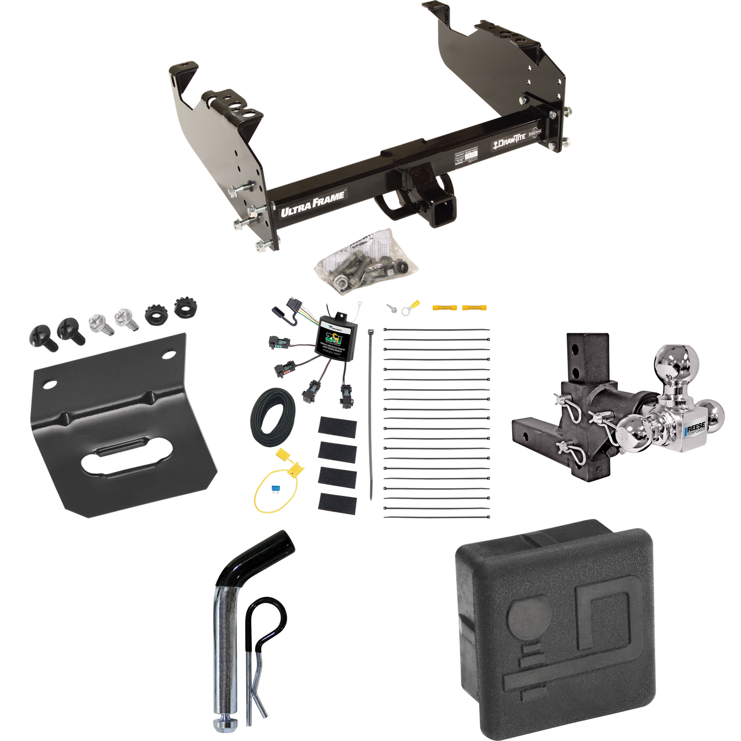 Fits 2007-2024 GMC Sierra 3500 HD Trailer Hitch Tow PKG w/ 4-Flat Zero Contact "No Splice" Wiring Harness + Adjustable Drop Rise Triple Ball Ball Mount 1-7/8" & 2" & 2-5/16" Trailer Balls + Pin/Clip + Hitch Cover + Wiring Bracket (For Cab & Chassis,