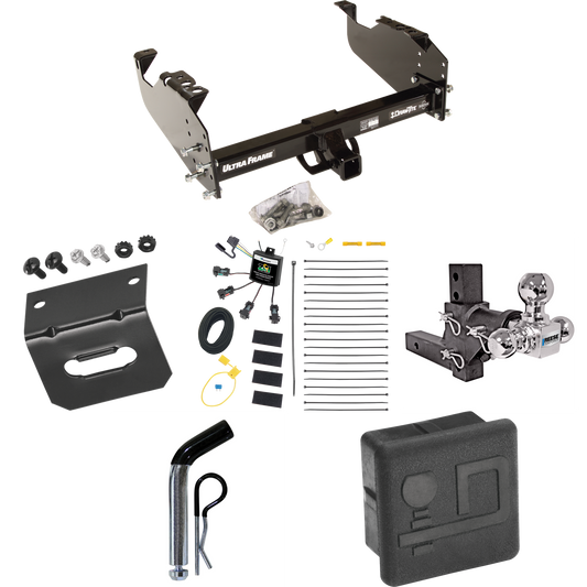 Fits 2007-2024 GMC Sierra 3500 HD Trailer Hitch Tow PKG w/ 4-Flat Zero Contact "No Splice" Wiring Harness + Adjustable Drop Rise Triple Ball Ball Mount 1-7/8" & 2" & 2-5/16" Trailer Balls + Pin/Clip + Hitch Cover + Wiring Bracket (For Cab & Chassis,