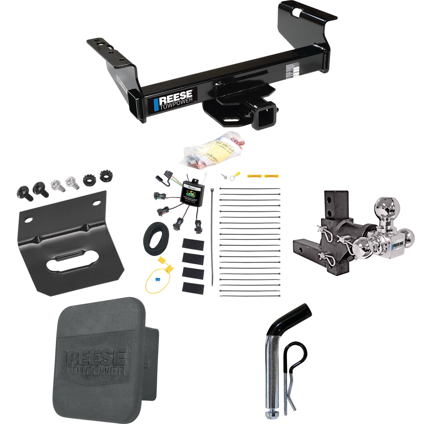 Fits 2007-2023 GMC Sierra 3500 HD Trailer Hitch Tow PKG w/ 4-Flat Zero Contact "No Splice" Wiring Harness + Adjustable Drop Rise Triple Ball Ball Mount 1-7/8" & 2" & 2-5/16" Trailer Balls + Pin/Clip + Hitch Cover + Wiring Bracket (For Cab & Chassis,