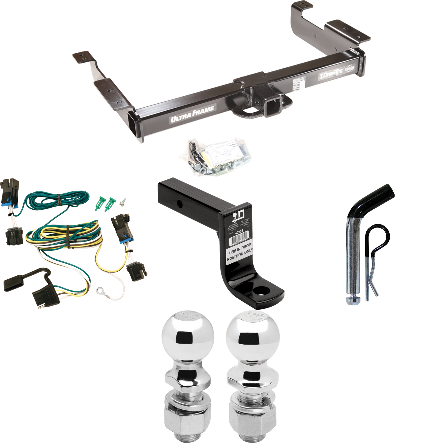 Fits 2003-2023 Chevrolet Express 3500 Trailer Hitch Tow PKG w/ 4-Flat Wiring Harness + Ball Mount w/ 6" Drop + Pin/Clip + 2" Ball + 2-5/16" Ball By Draw-Tite