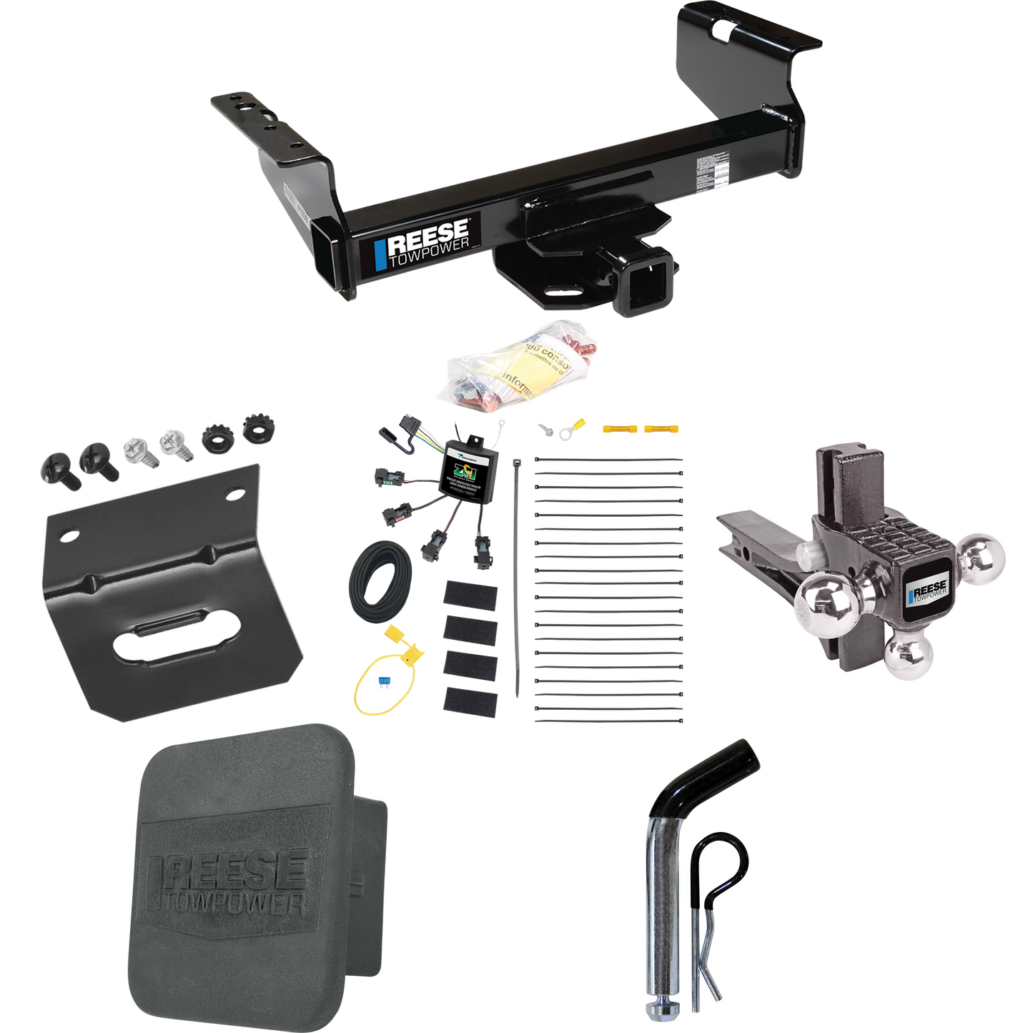 Fits 2007-2019 Chevrolet Silverado 3500 HD Trailer Hitch Tow PKG w/ 4-Flat Zero Contact "No Splice" Wiring Harness + Adjustable Drop Rise Triple Ball Ball Mount 1-7/8" & 2" & 2-5/16" Trailer Balls + Pin/Clip + Hitch Cover + Wiring Bracket (For Cab &