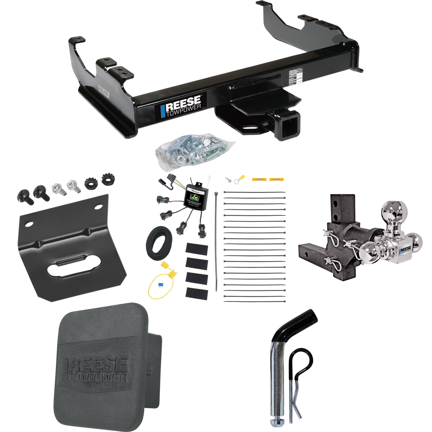 Fits 2007-2023 GMC Sierra 3500 HD Trailer Hitch Tow PKG w/ 4-Flat Zero Contact "No Splice" Wiring Harness + Adjustable Drop Rise Triple Ball Ball Mount 1-7/8" & 2" & 2-5/16" Trailer Balls + Pin/Clip + Hitch Cover + Wiring Bracket (For Cab & Chassis,