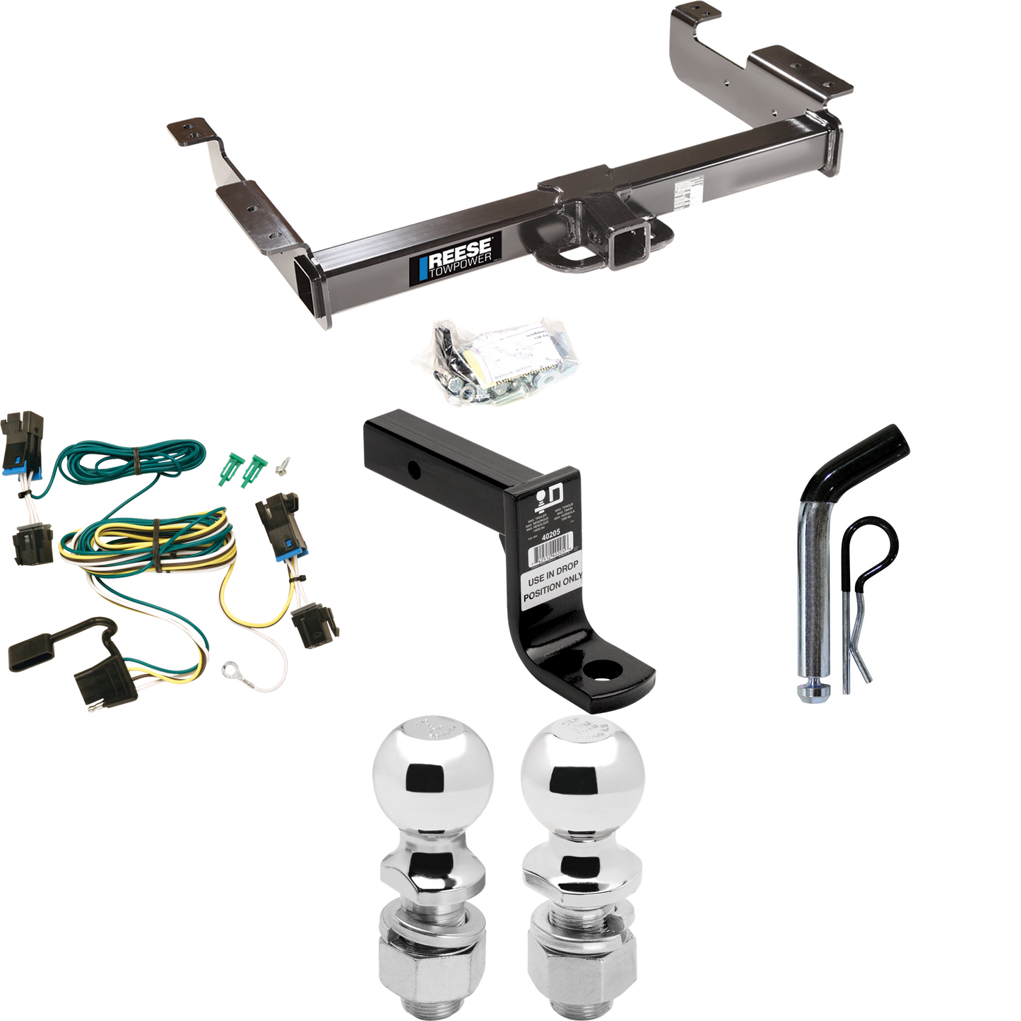 Fits 2003-2023 Chevrolet Express 3500 Trailer Hitch Tow PKG w/ 4-Flat Wiring Harness + Ball Mount w/ 6" Drop + Pin/Clip + 2" Ball + 2-5/16" Ball By Reese Towpower