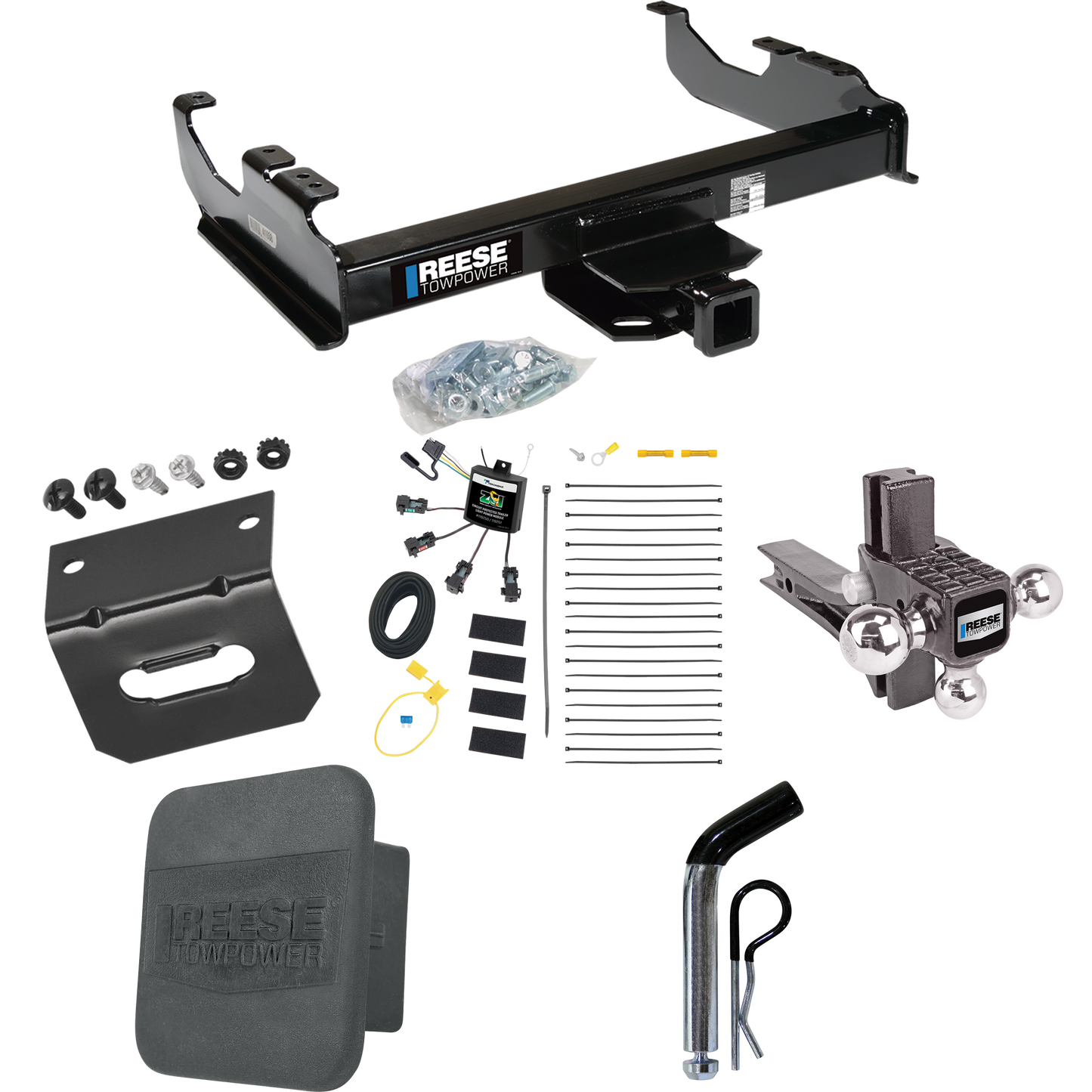 Fits 2007-2023 GMC Sierra 3500 HD Trailer Hitch Tow PKG w/ 4-Flat Zero Contact "No Splice" Wiring Harness + Adjustable Drop Rise Triple Ball Ball Mount 1-7/8" & 2" & 2-5/16" Trailer Balls + Pin/Clip + Hitch Cover + Wiring Bracket (For Cab & Chassis,