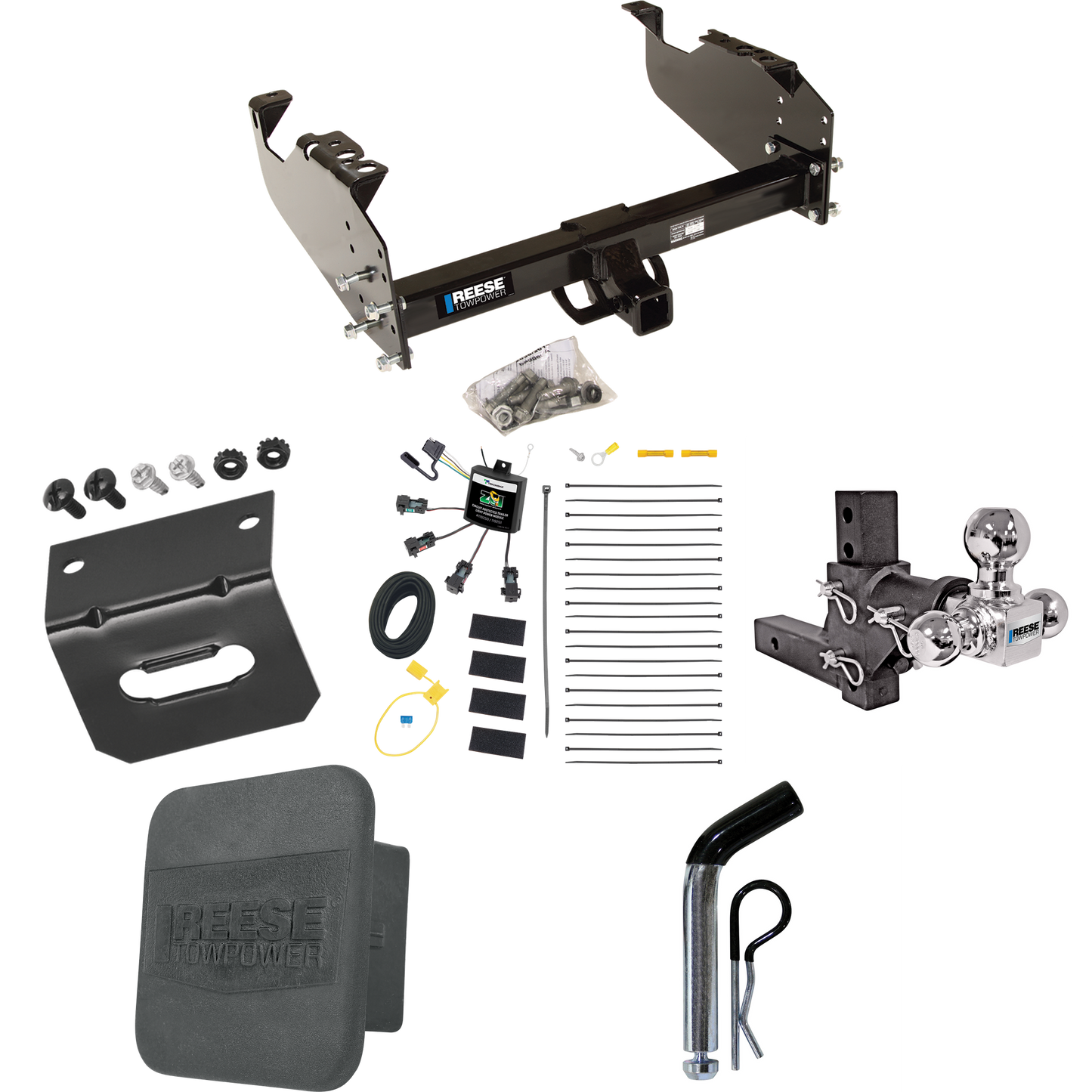 Fits 2008-2009 Sterling Truck Bullet 45 Trailer Hitch Tow PKG w/ 4-Flat Zero Contact "No Splice" Wiring Harness + Adjustable Drop Rise Triple Ball Ball Mount 1-7/8" & 2" & 2-5/16" Trailer Balls + Pin/Clip + Hitch Cover + Wiring Bracket (For w/34" Wid