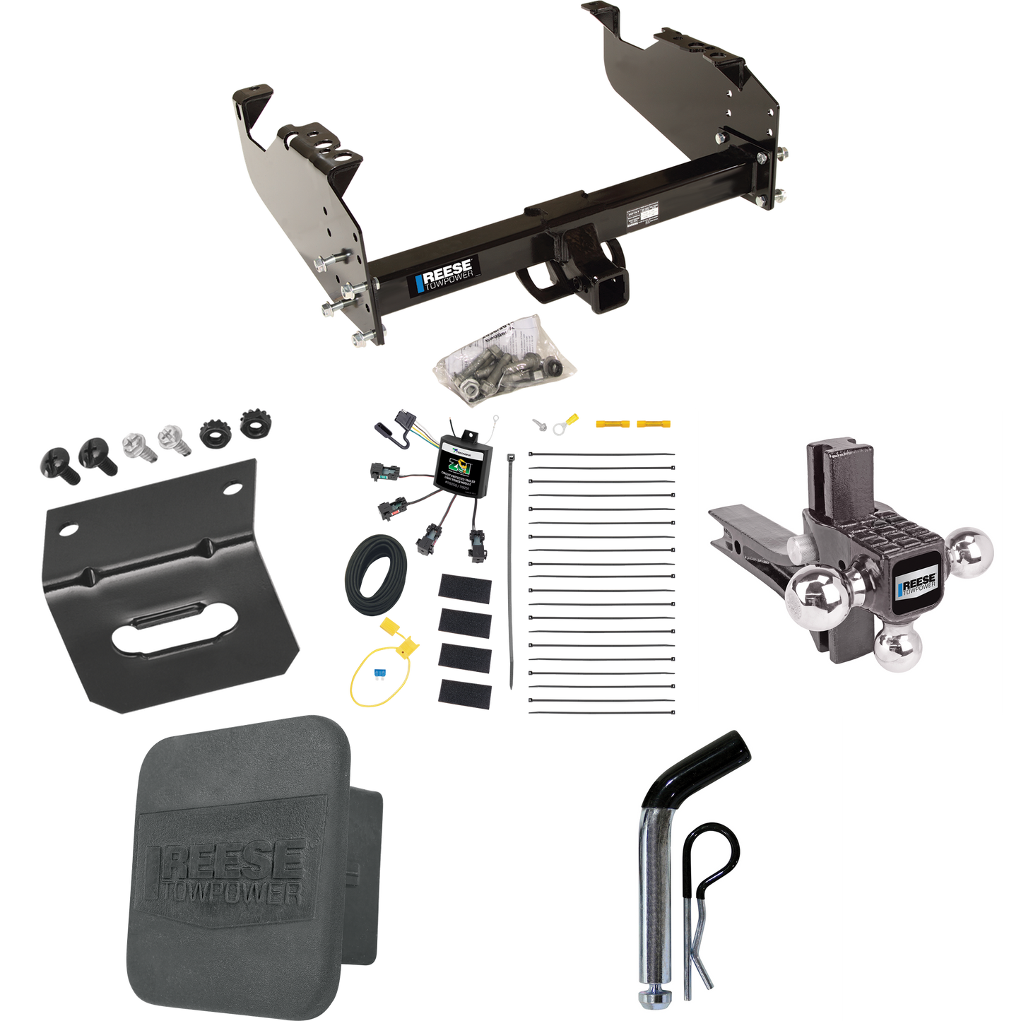 Fits 2007-2023 GMC Sierra 3500 HD Trailer Hitch Tow PKG w/ 4-Flat Zero Contact "No Splice" Wiring Harness + Adjustable Drop Rise Triple Ball Ball Mount 1-7/8" & 2" & 2-5/16" Trailer Balls + Pin/Clip + Hitch Cover + Wiring Bracket (For Cab & Chassis,