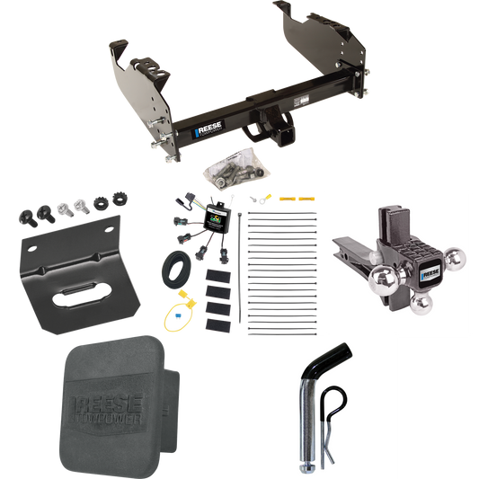 Fits 2007-2023 GMC Sierra 3500 HD Trailer Hitch Tow PKG w/ 4-Flat Zero Contact "No Splice" Wiring Harness + Adjustable Drop Rise Triple Ball Ball Mount 1-7/8" & 2" & 2-5/16" Trailer Balls + Pin/Clip + Hitch Cover + Wiring Bracket (For Cab & Chassis,