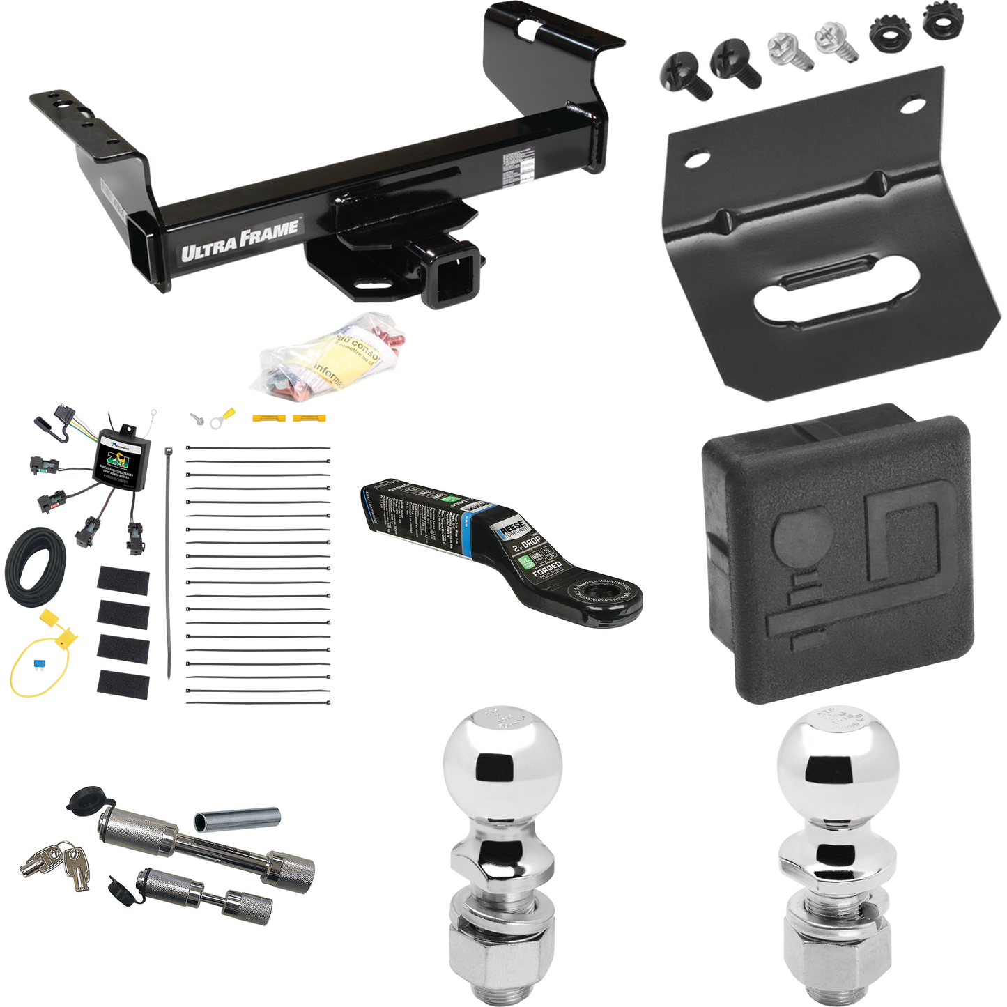 Fits 2007-2024 GMC Sierra 3500 HD Trailer Hitch Tow PKG w/ 4-Flat Zero Contact "No Splice" Wiring Harness + Ball Mount w/ 2" Drop + Dual Hitch & Coupler Locks + 2" Ball + 2-5/16" Ball + Hitch Cover + Wiring Bracket (For Cab & Chassis, w/34" Wide Fram