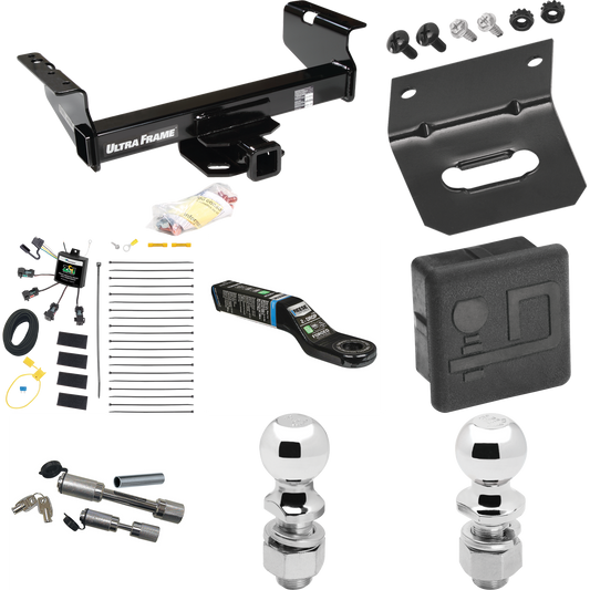 Fits 2007-2024 GMC Sierra 3500 HD Trailer Hitch Tow PKG w/ 4-Flat Zero Contact "No Splice" Wiring Harness + Ball Mount w/ 2" Drop + Dual Hitch & Coupler Locks + 2" Ball + 2-5/16" Ball + Hitch Cover + Wiring Bracket (For Cab & Chassis, w/34" Wide Fram