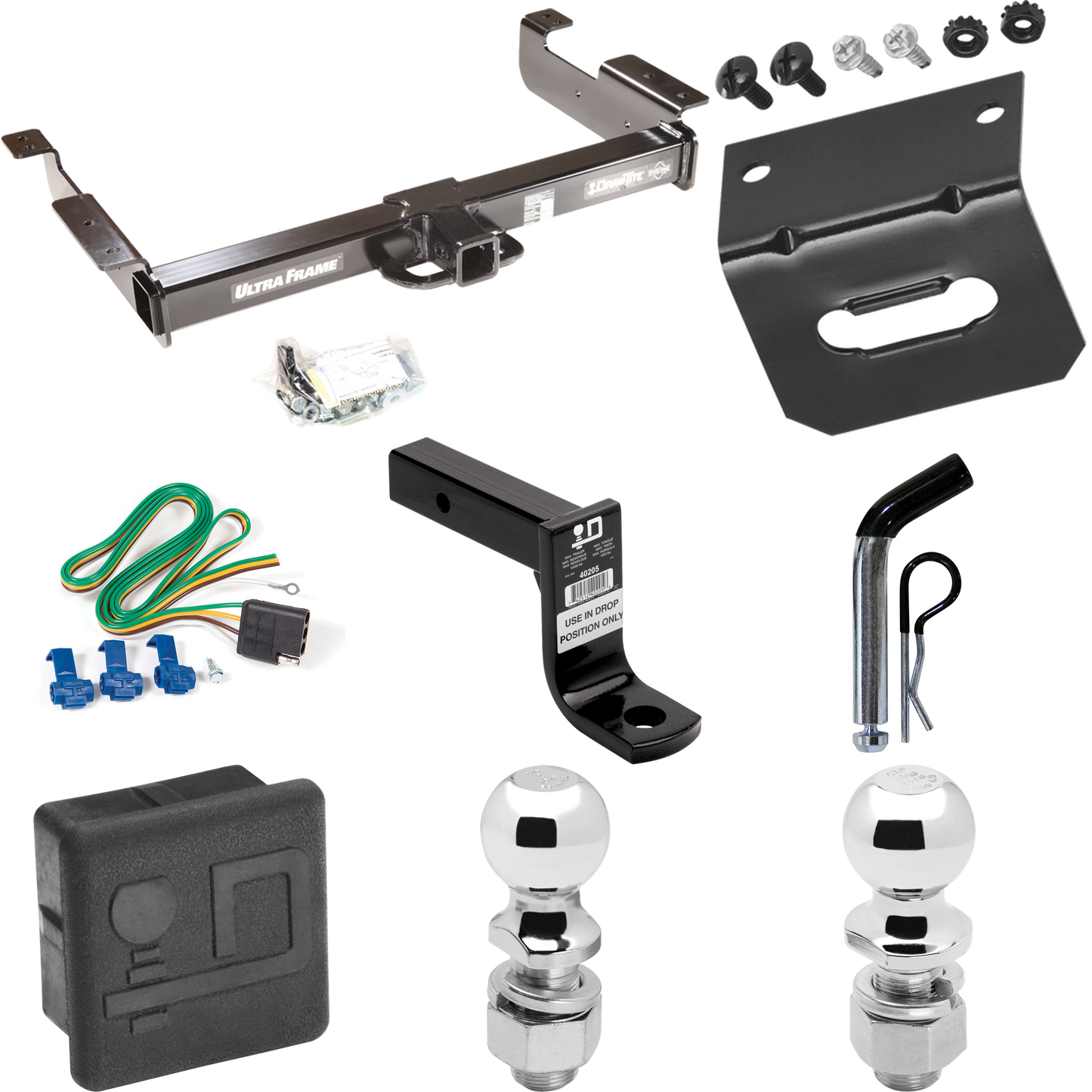 Fits 1996-1999 GMC Savana 2500 Trailer Hitch Tow PKG w/ 4-Flat Wiring Harness + Ball Mount w/ 6" Drop + Pin/Clip + 2" Ball + 2-5/16" Ball + Hitch Cover + Wiring Bracket By Draw-Tite