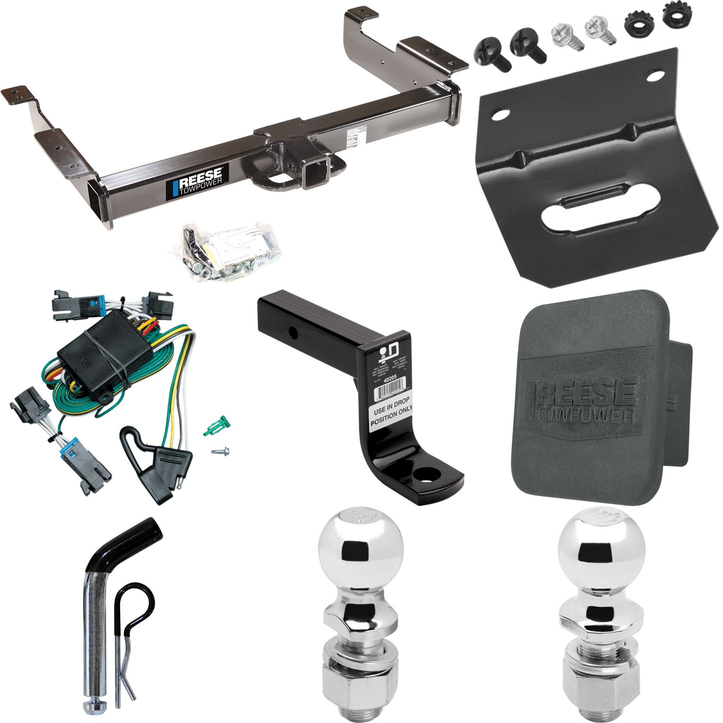 Fits 2000-2002 GMC Savana 2500 Trailer Hitch Tow PKG w/ 4-Flat Wiring Harness + Ball Mount w/ 6" Drop + Pin/Clip + 2" Ball + 2-5/16" Ball + Hitch Cover + Wiring Bracket By Reese Towpower